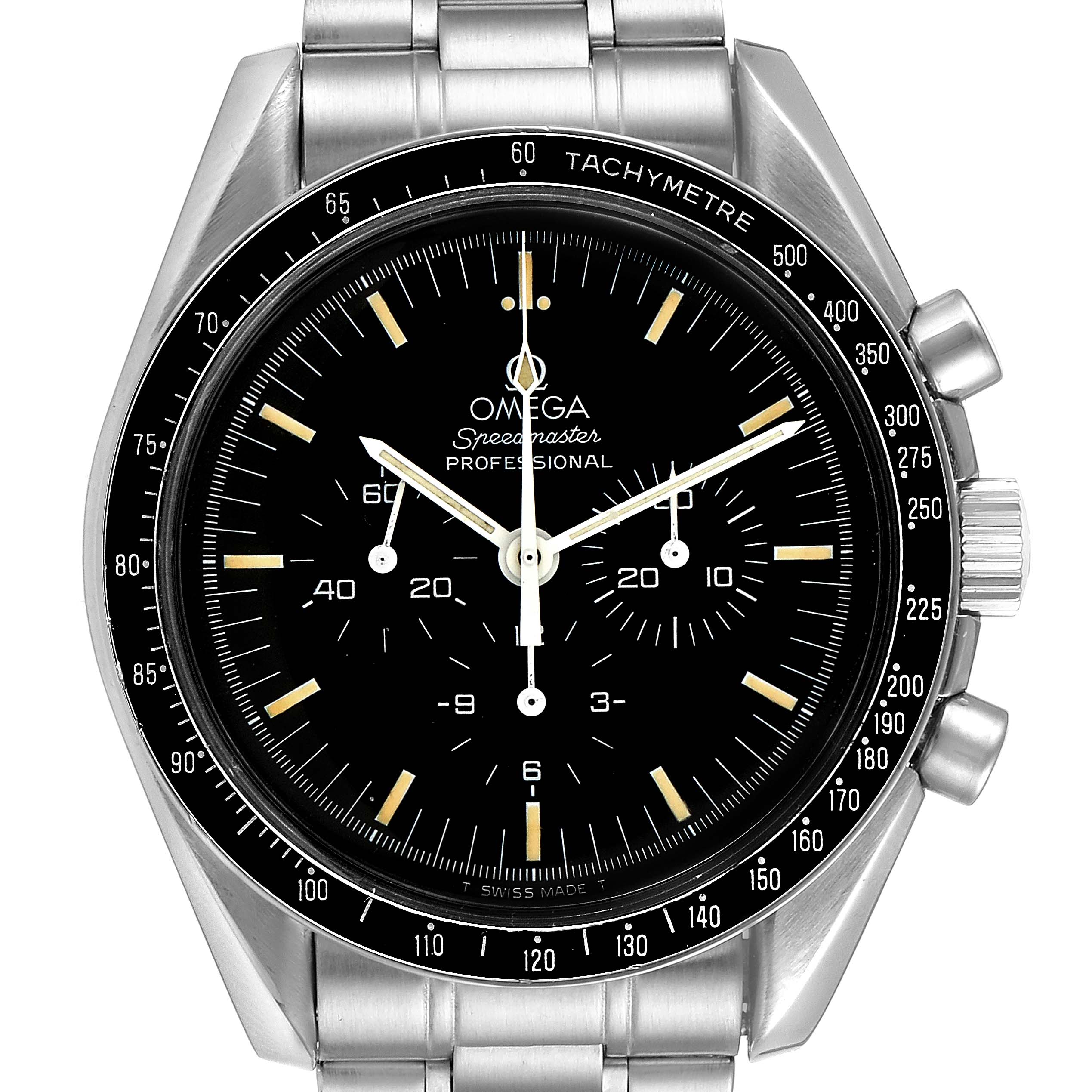 The image shows a frontal view of the Omega Speedmaster 145.022 Men's Stainless Steel Black Dial 145.022 Men's Stainless Steel Black Dial watch, highlighting its dial, tachymeter bezel, and stainless steel bracelet.