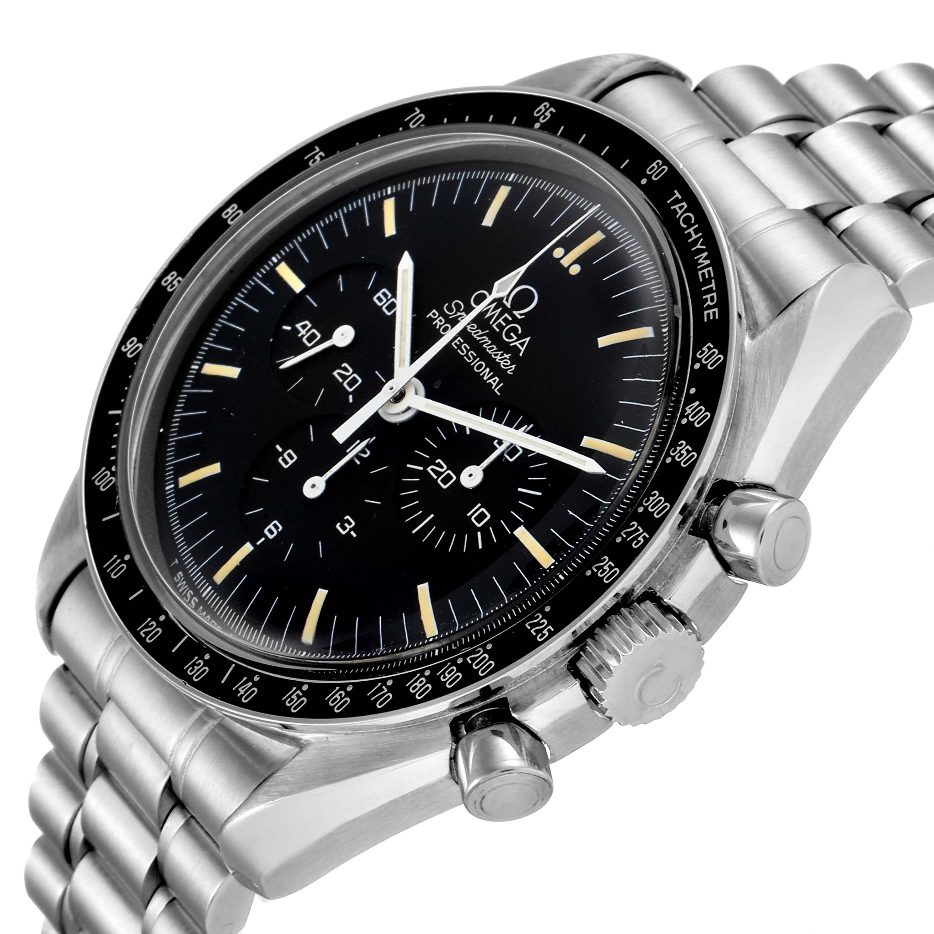 The Omega Speedmaster 145.022 Men's Stainless Steel Black Dial 145.022 Men's Stainless Steel Black Dial watch is shown at a slightly angled side view, displaying the dial, tachymeter bezel, crown, pushers, and part of the bracelet.