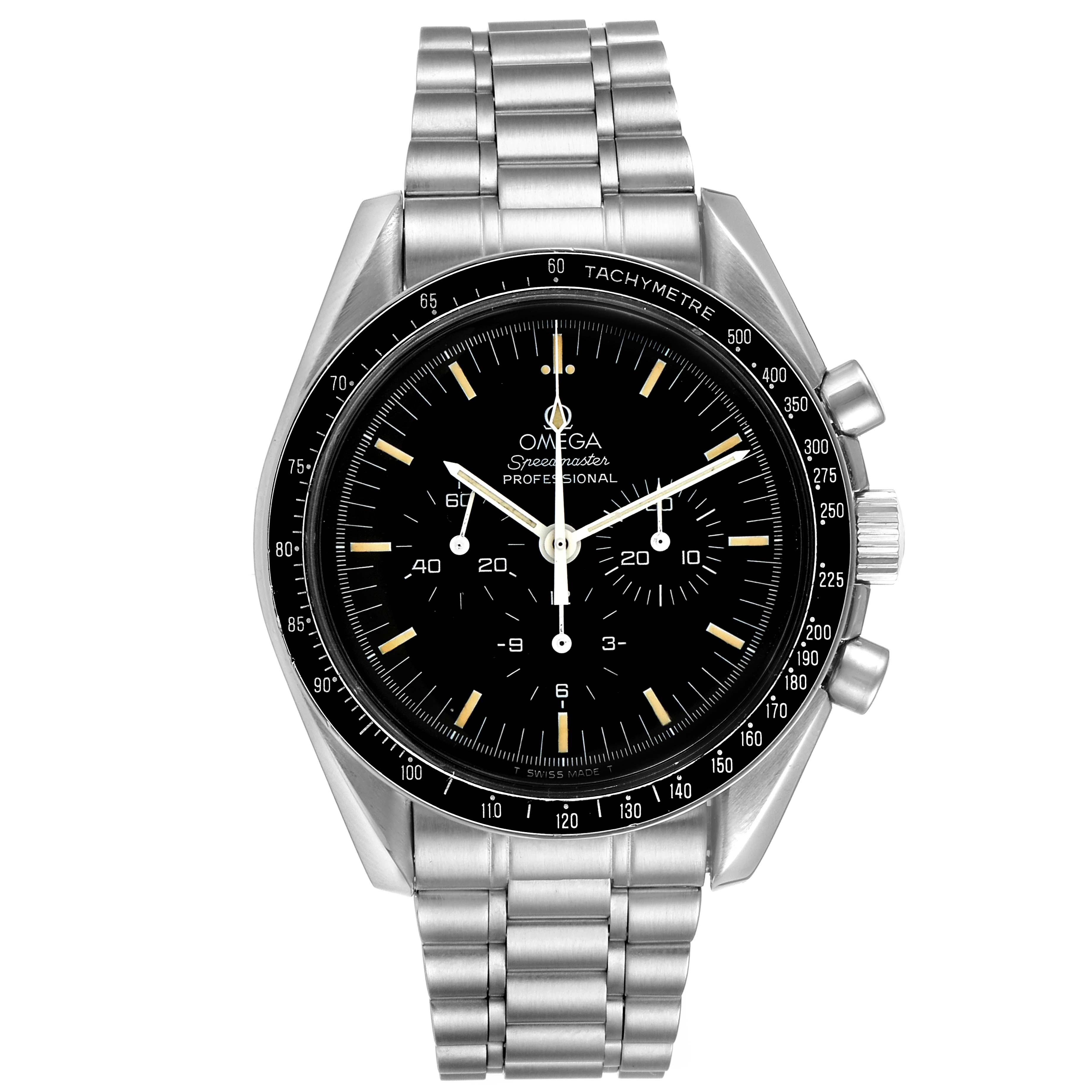 This image shows a front angle view of the Omega Speedmaster 145.022 Men's Stainless Steel Black Dial 145.022 Men's Stainless Steel Black Dial Professional watch, highlighting its black dial, tachymeter bezel, and stainless steel bracelet.