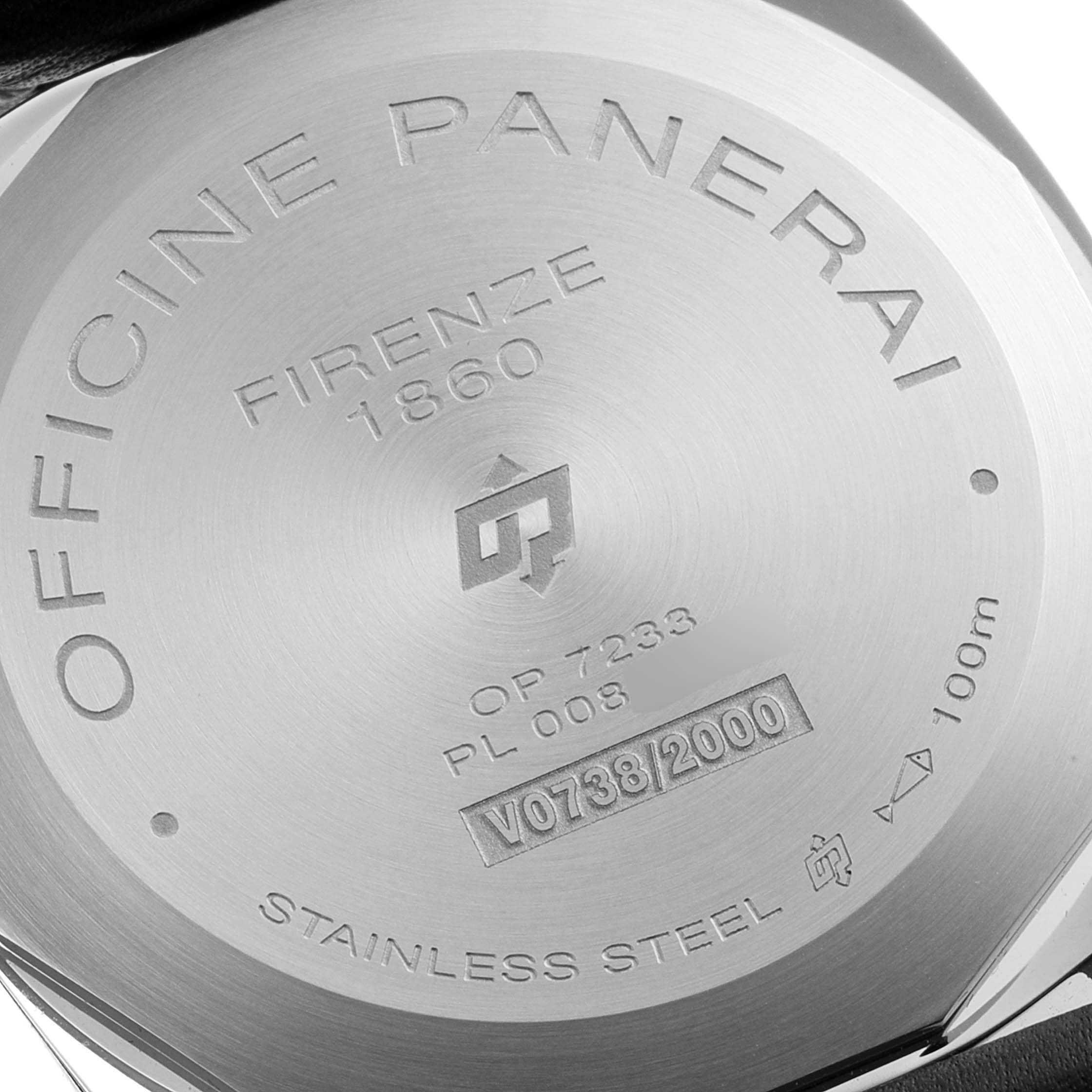 The image shows the back case of a Panerai Luminor PAM00773 Men
s Stainless Steel Black Dial PAM00773 Men
s Stainless Steel Black Dial watch, highlighting its engravings and stainless steel material.