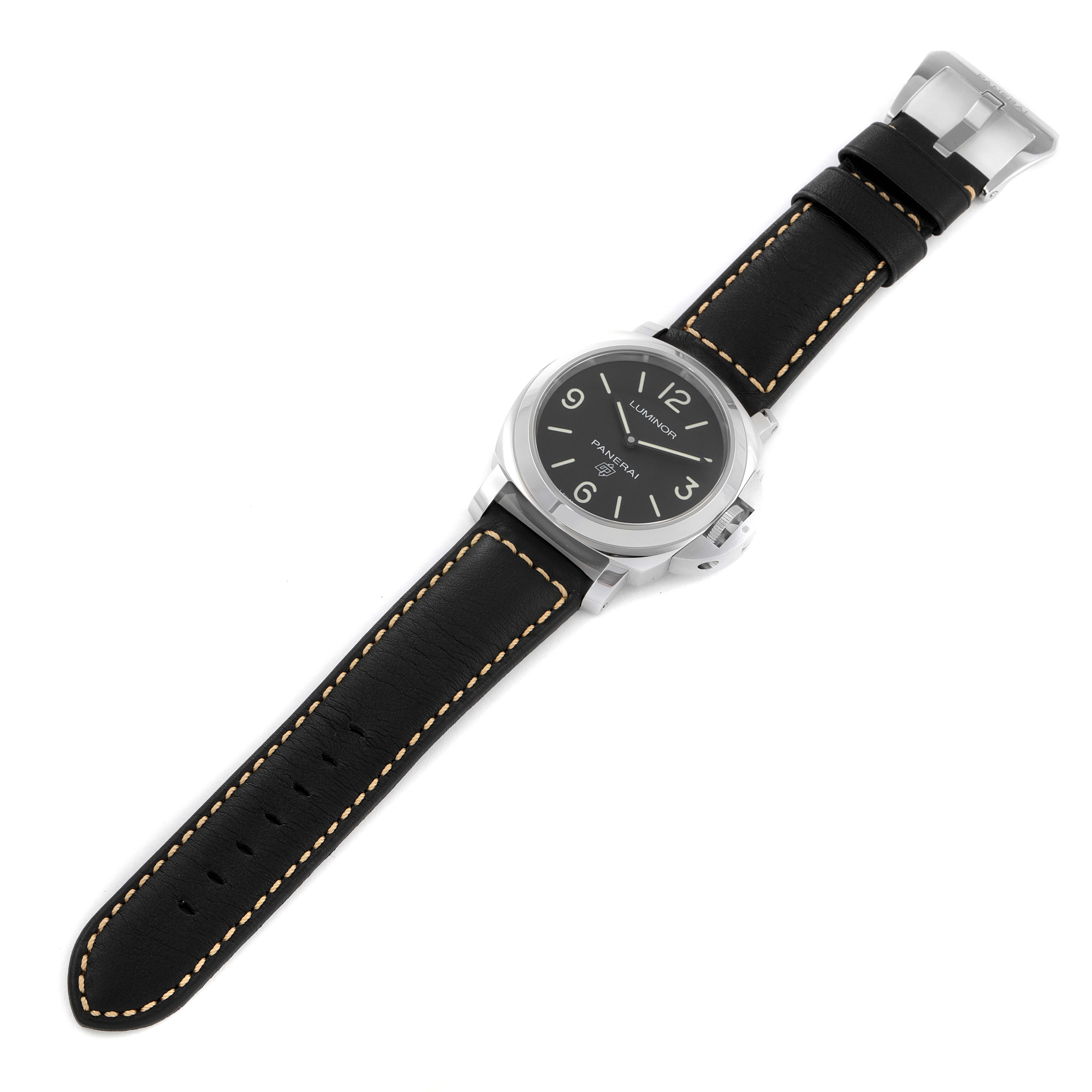 The image shows a top-down view of the Panerai Luminor PAM00773 Men
s Stainless Steel Black Dial PAM00773 Men
s Stainless Steel Black Dial watch, featuring its black leather strap and silver case.