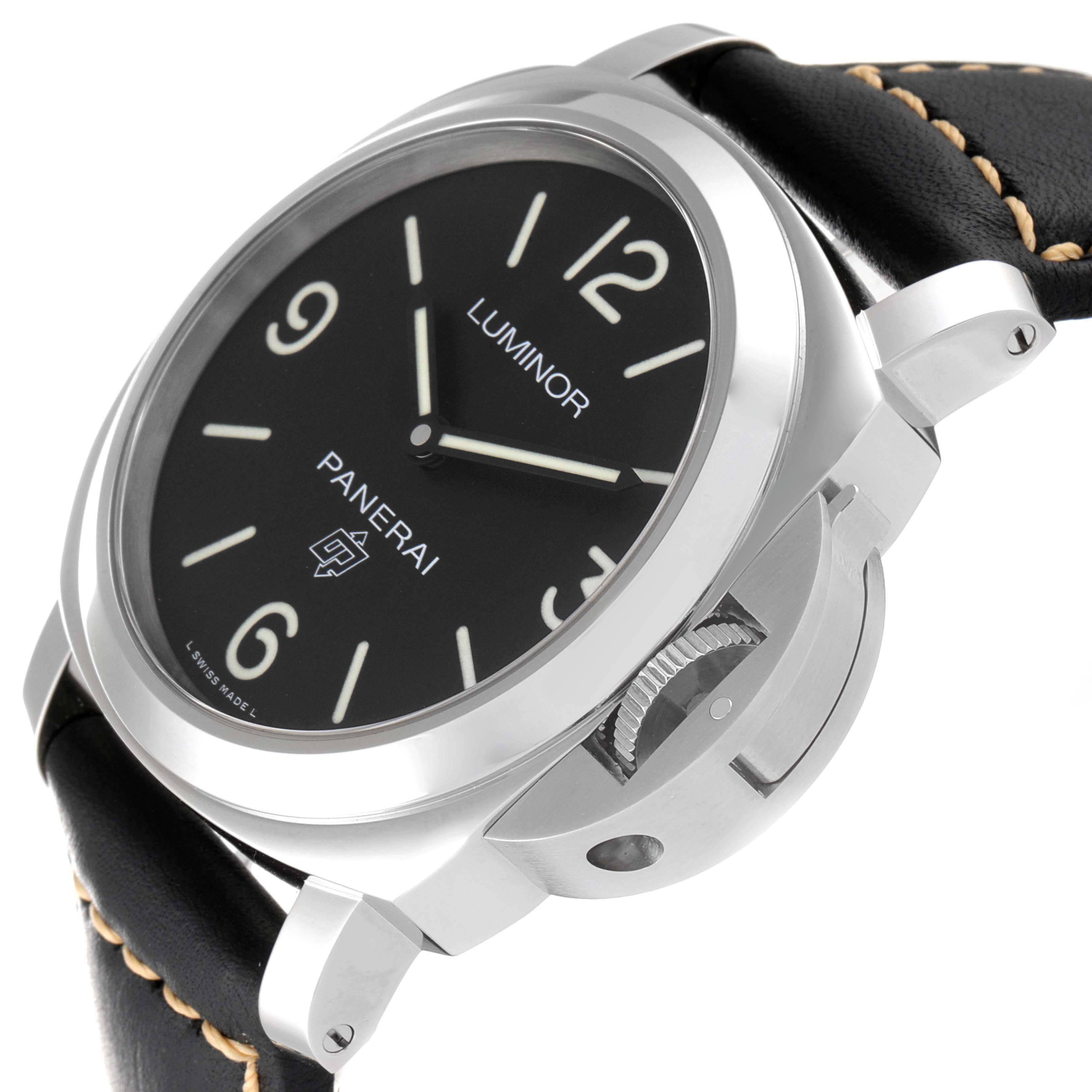 The image shows a side angle of a Panerai Luminor PAM00773 Men
s Stainless Steel Black Dial PAM00773 Men
s Stainless Steel Black Dial watch, highlighting the dial, crown guard, and black leather strap.