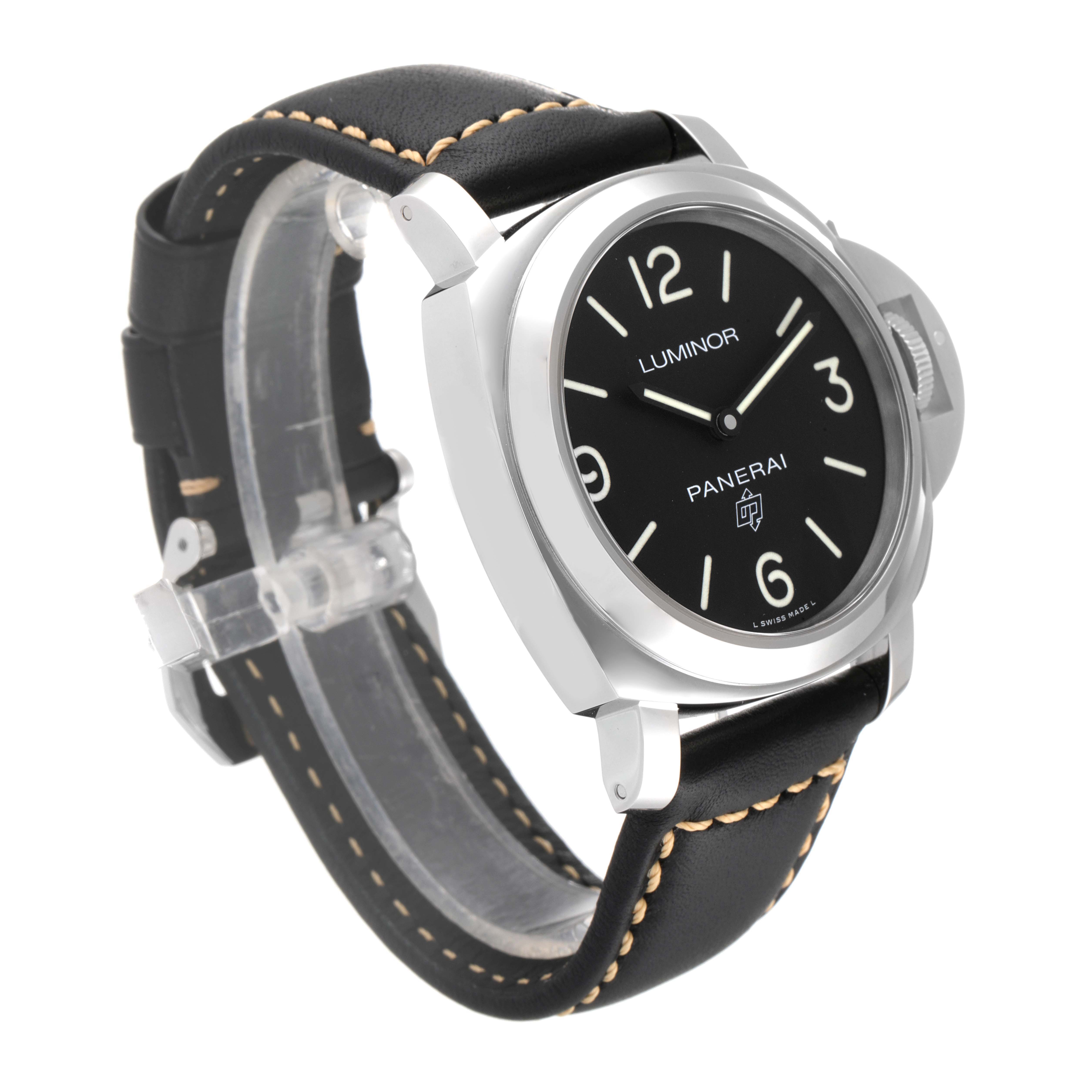 The Panerai Luminor PAM00773 Men
s Stainless Steel Black Dial PAM00773 Men
s Stainless Steel Black Dial watch is shown at an angle highlighting its face, crown, and leather strap.