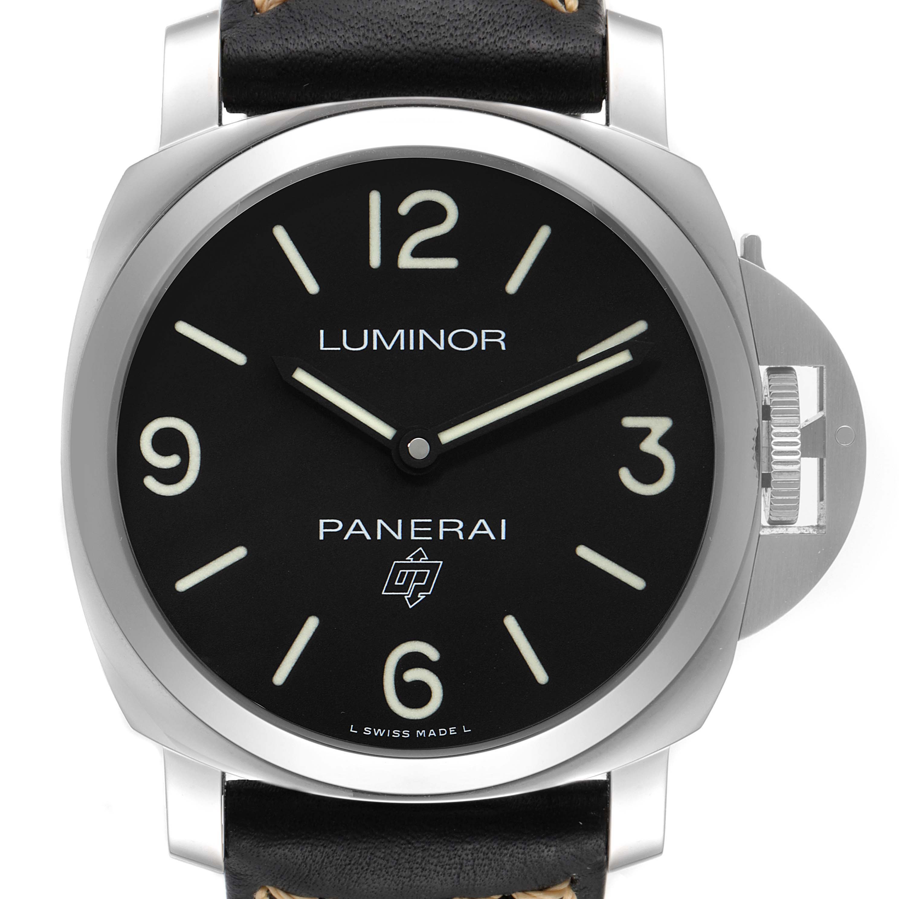 The image shows a front view of a Panerai Luminor PAM00773 Men
s Stainless Steel Black Dial PAM00773 Men
s Stainless Steel Black Dial watch, highlighting the black dial, numerals, and crown guard.