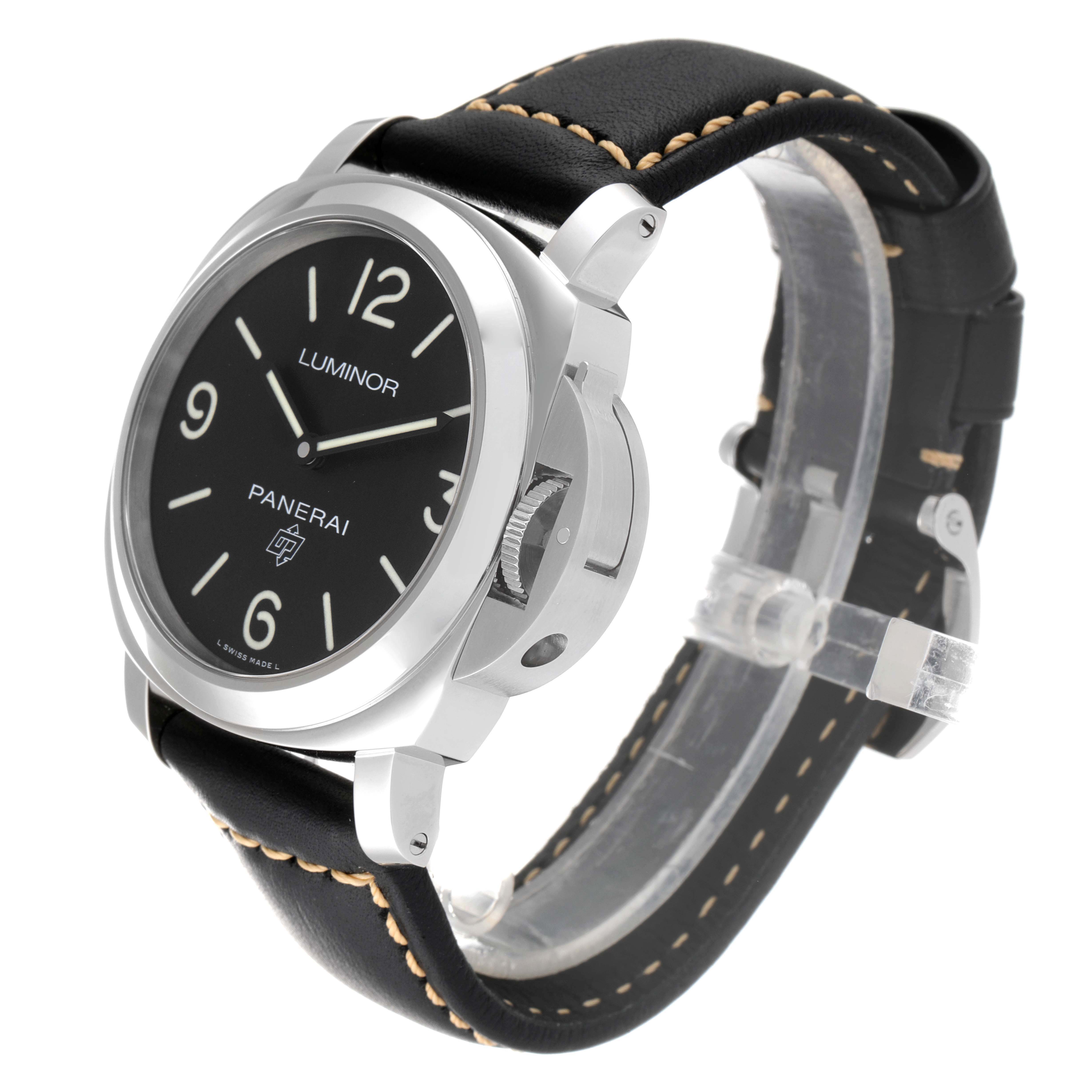The image shows a Panerai Luminor PAM00773 Men
s Stainless Steel Black Dial PAM00773 Men
s Stainless Steel Black Dial watch from a side angle, highlighting its black dial, crown guard, and black leather strap.