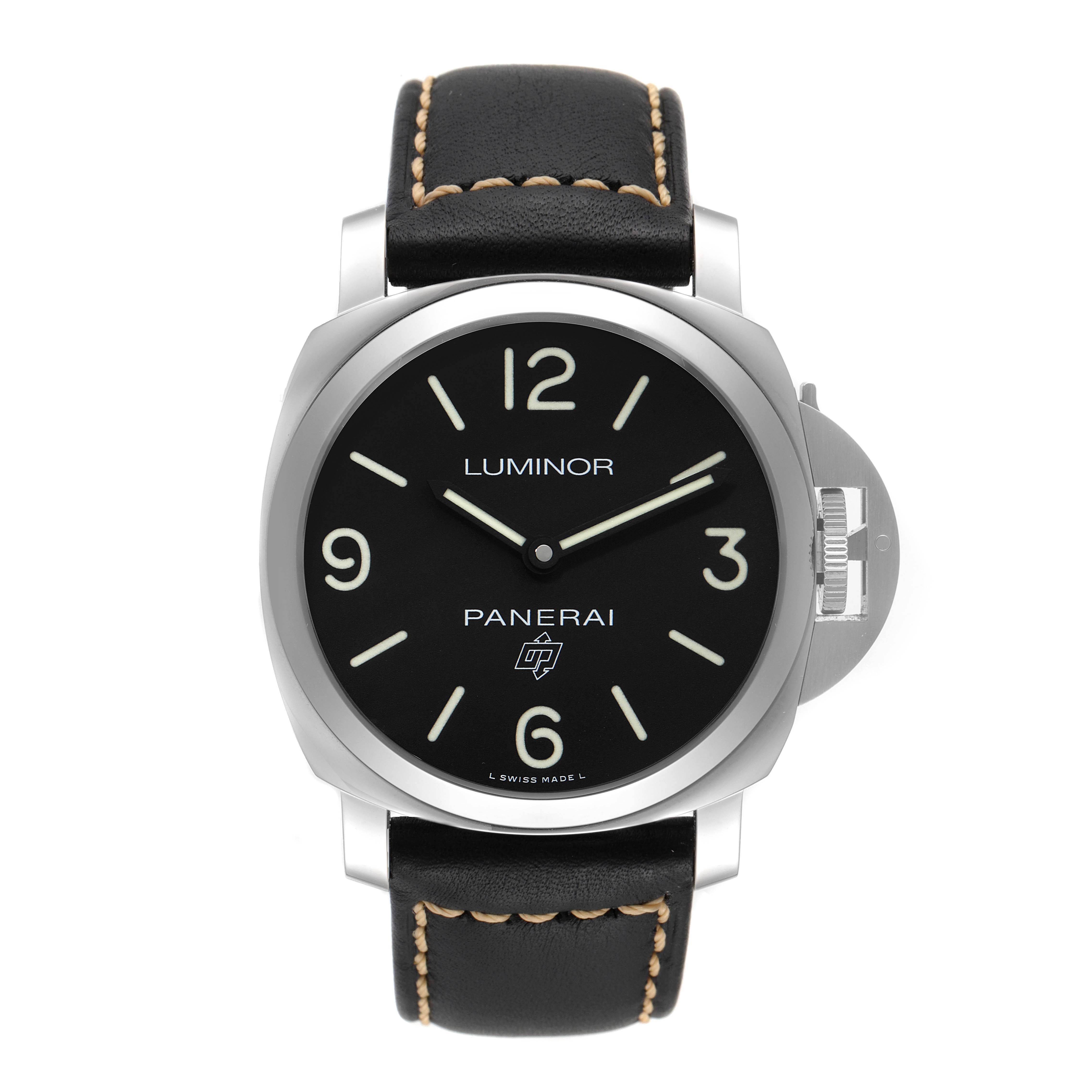 This image shows a front view of the Luminor model by Panerai, displaying its face, bezel, and leather strap.