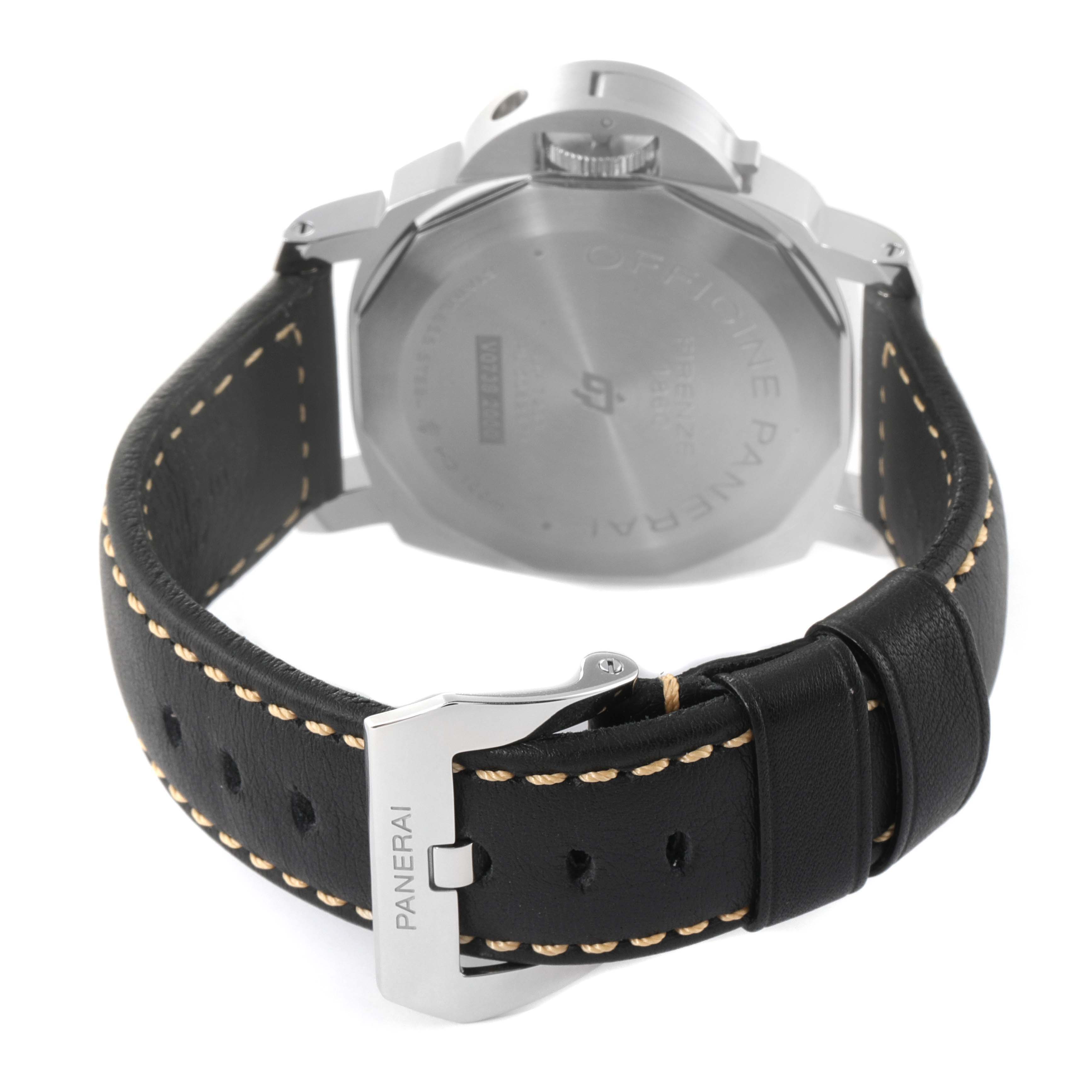 The image shows the back view of a Panerai Luminor PAM00773 Men
s Stainless Steel Black Dial PAM00773 Men
s Stainless Steel Black Dial watch, displaying the case back and leather strap with a buckle.