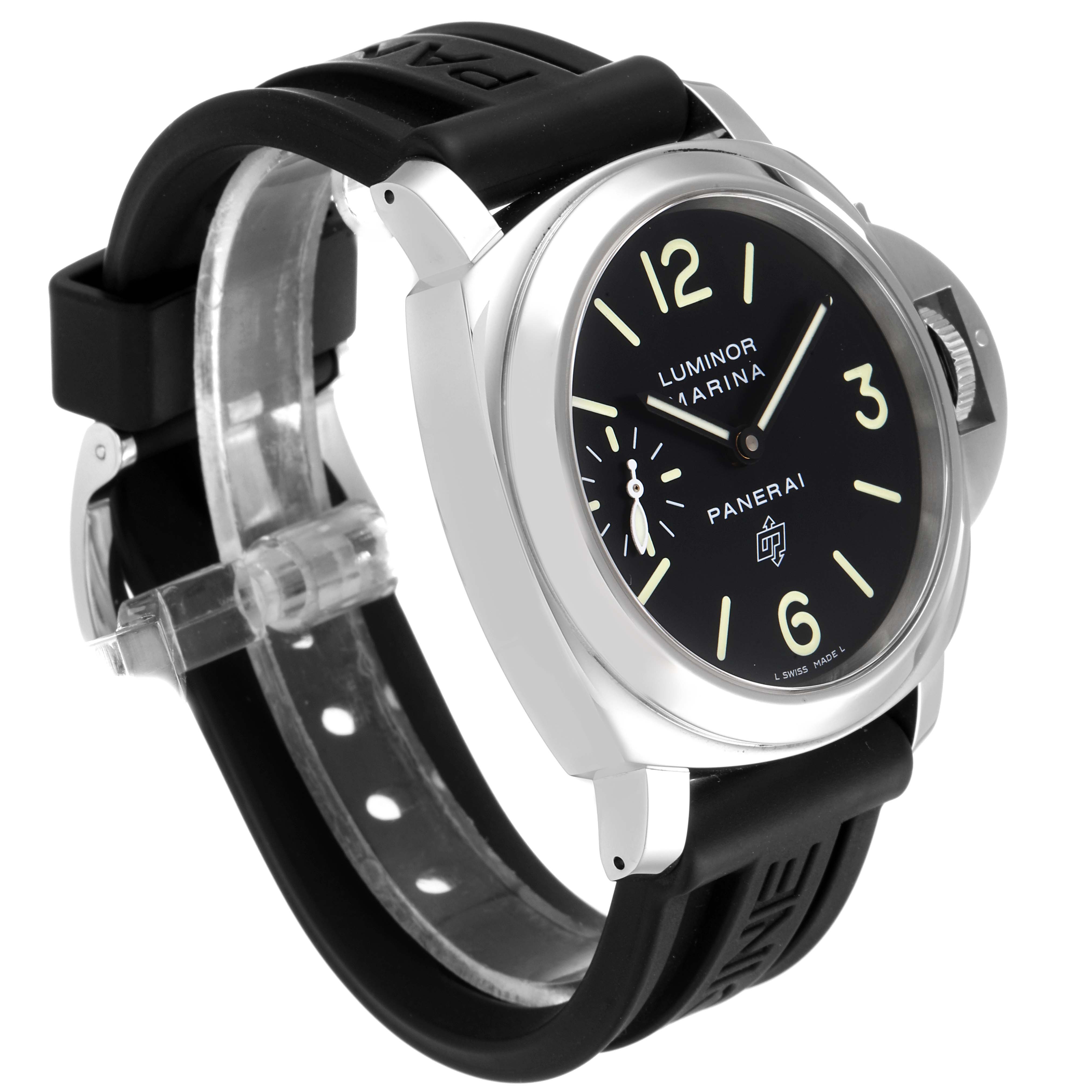 The image shows a front-angle view of a Panerai Luminor PAM00005 Men's Stainless Steel Black Dial PAM00005 Men's Stainless Steel Black Dial watch, highlighting its black dial, numerals, and rubber strap.