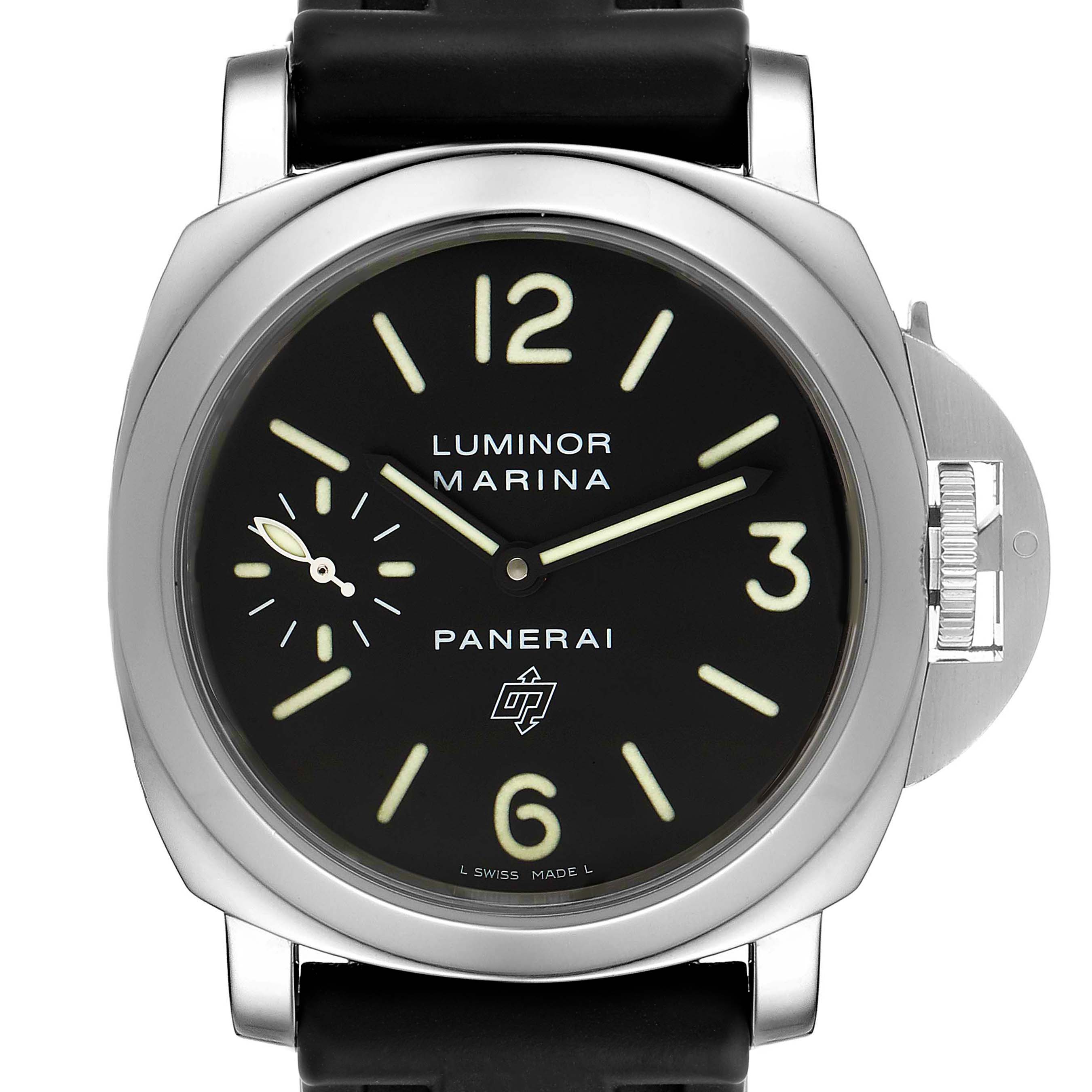 The image shows a front view of a Panerai Luminor PAM00005 Men's Stainless Steel Black Dial PAM00005 Men's Stainless Steel Black Dial watch, highlighting its black dial, hour markers, and crown guard.
