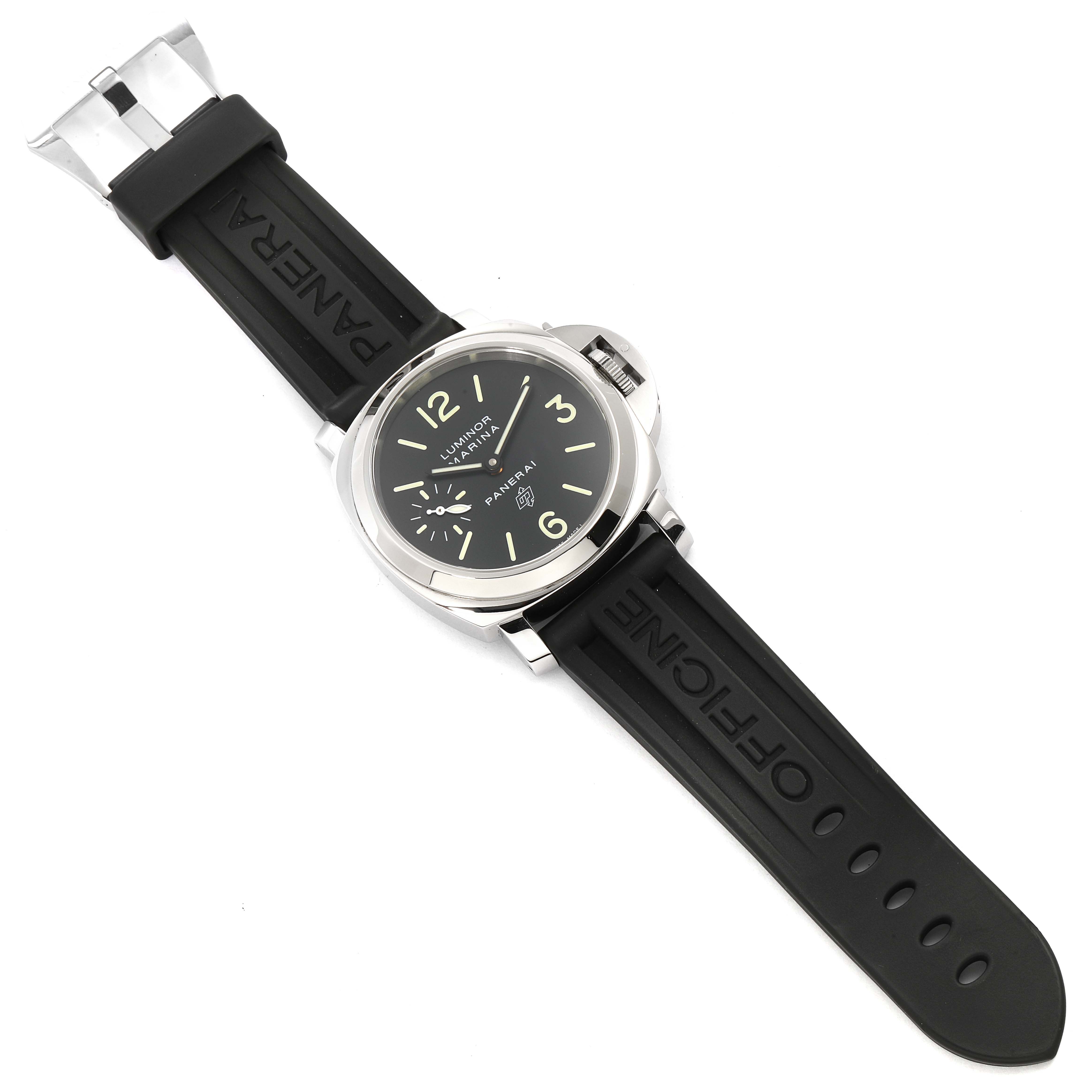 The image shows a top view of a Panerai Luminor PAM00005 Men's Stainless Steel Black Dial PAM00005 Men's Stainless Steel Black Dial watch, highlighting its black rubber strap and luminous dial.