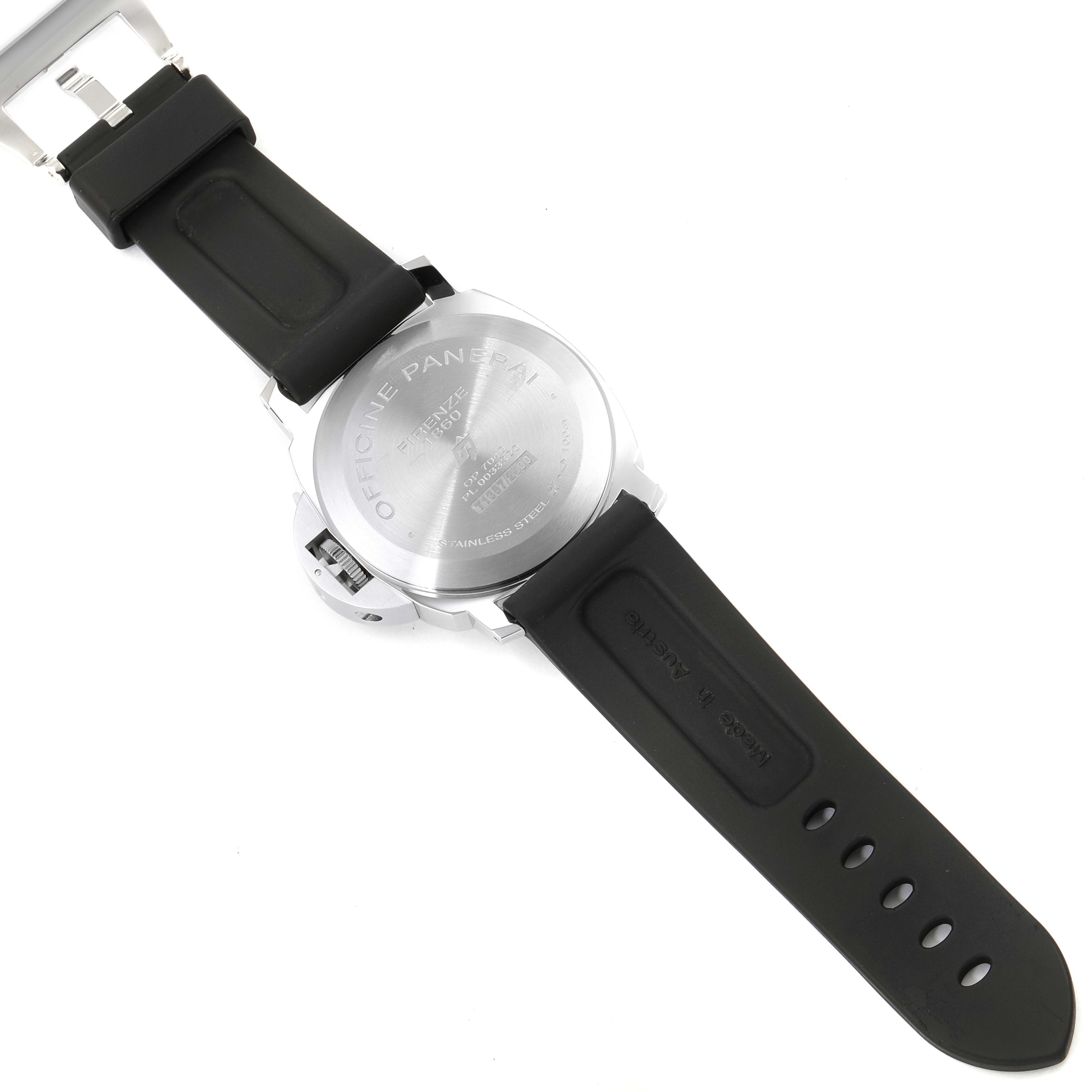 This image shows the back of a Panerai Luminor PAM00005 Men's Stainless Steel Black Dial PAM00005 Men's Stainless Steel Black Dial watch, including the case back and rubber strap.