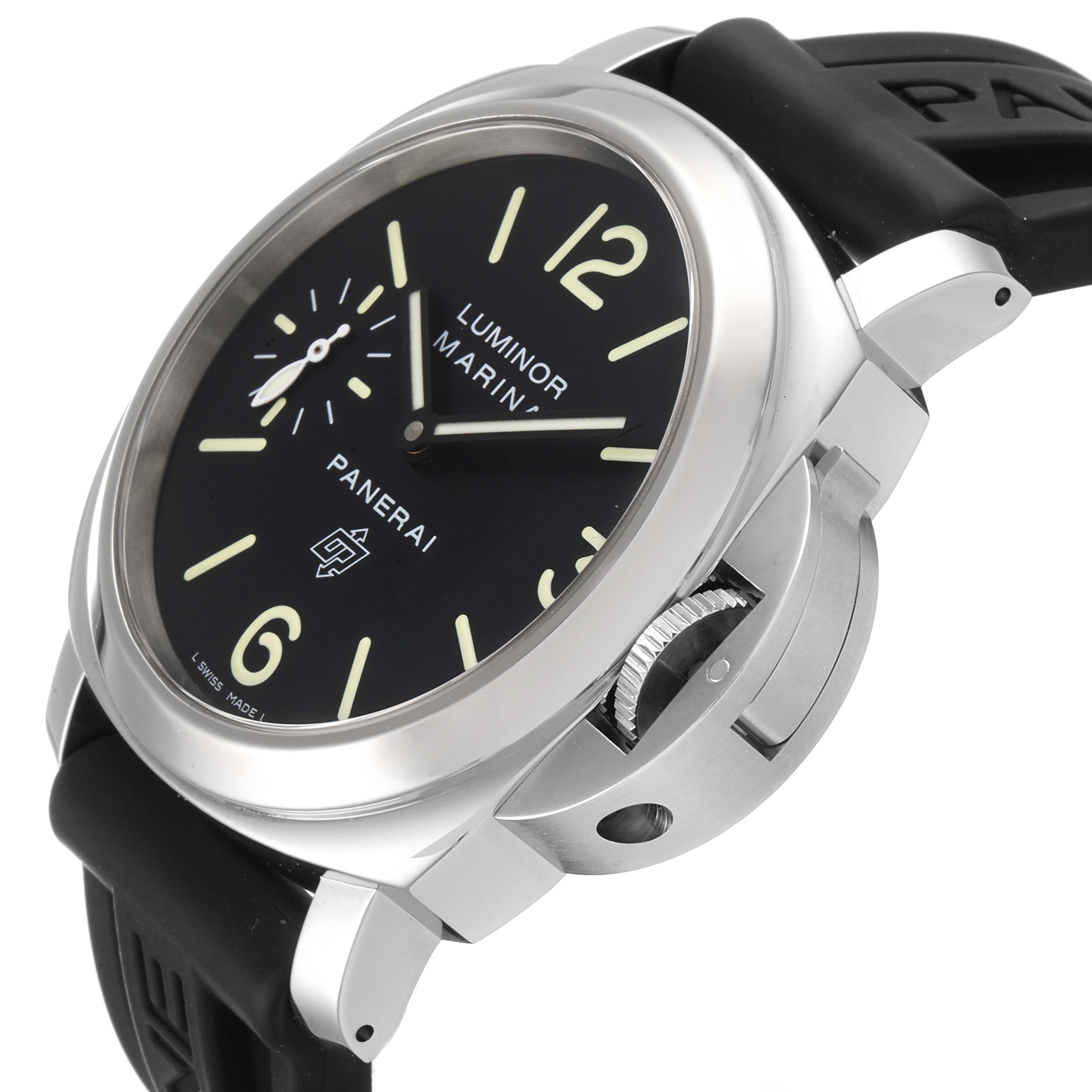 The image shows a close-up, angled view of a Panerai Luminor PAM00005 Men's Stainless Steel Black Dial PAM00005 Men's Stainless Steel Black Dial watch, highlighting the face, crown guard, and strap.