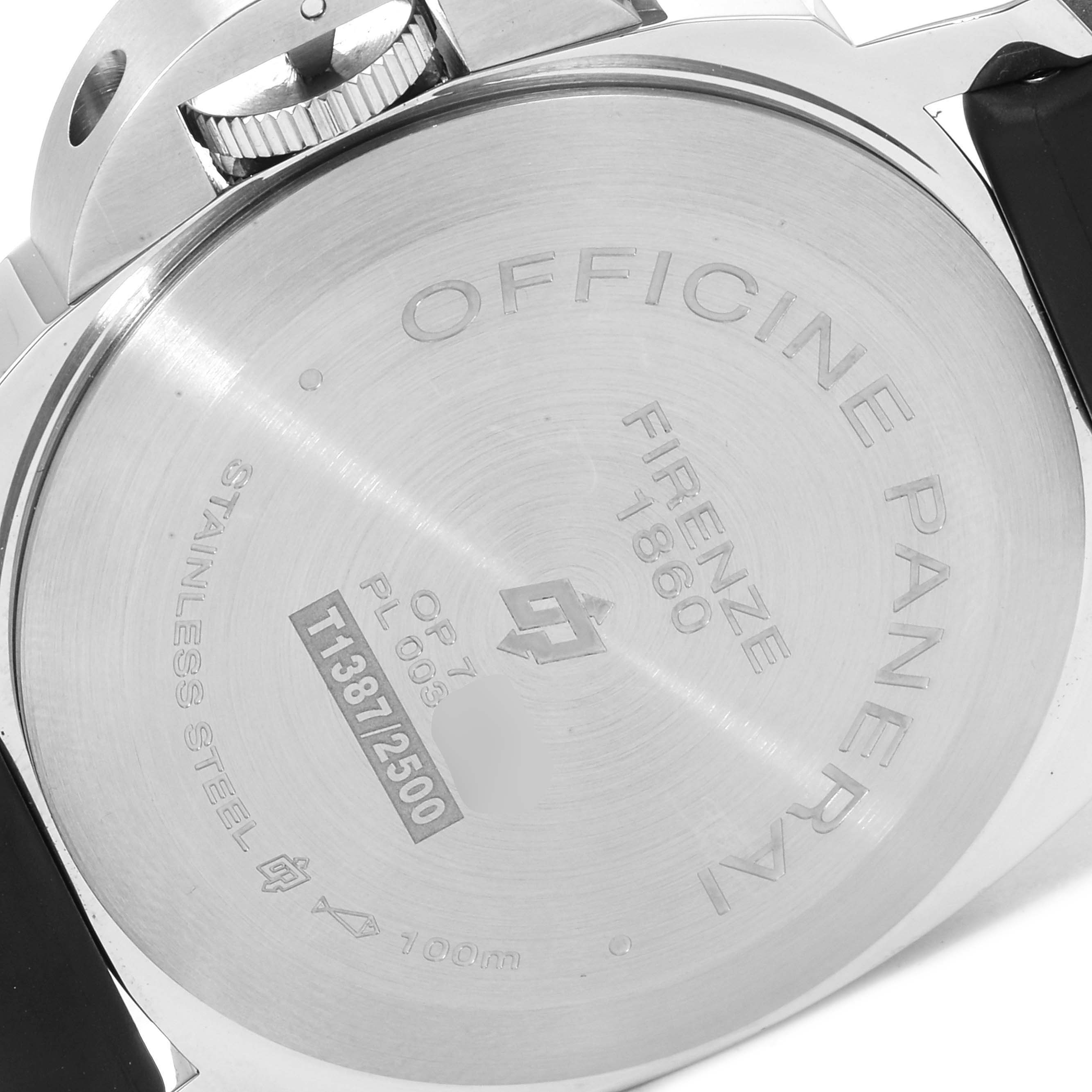 This image shows the back of a Panerai Luminor PAM00005 Men's Stainless Steel Black Dial PAM00005 Men's Stainless Steel Black Dial watch, highlighting engravings and the crown guard mechanism.