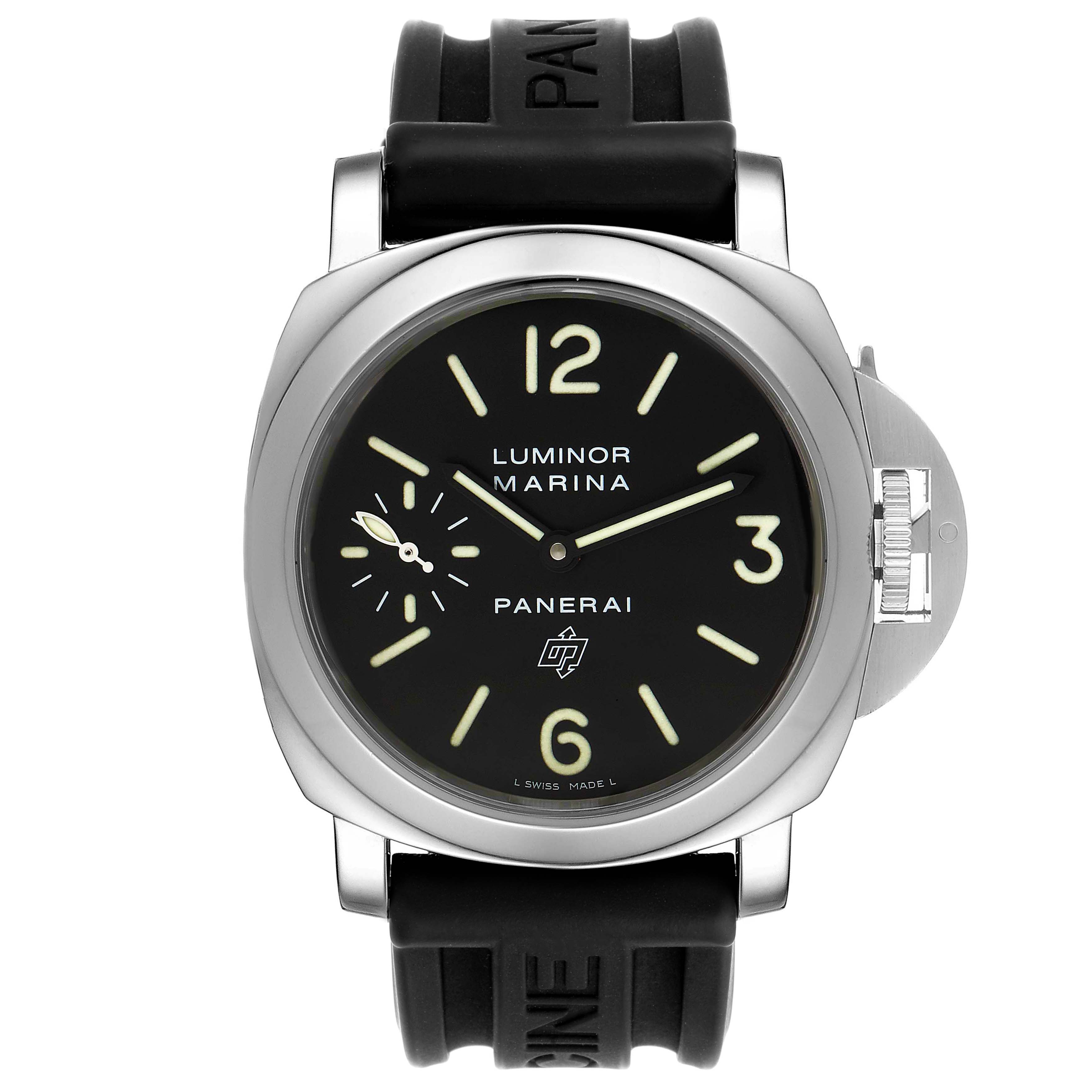 The image shows a front view of a Panerai Luminor PAM00005 Men's Stainless Steel Black Dial PAM00005 Men's Stainless Steel Black Dial watch with a black dial and rubber strap.
