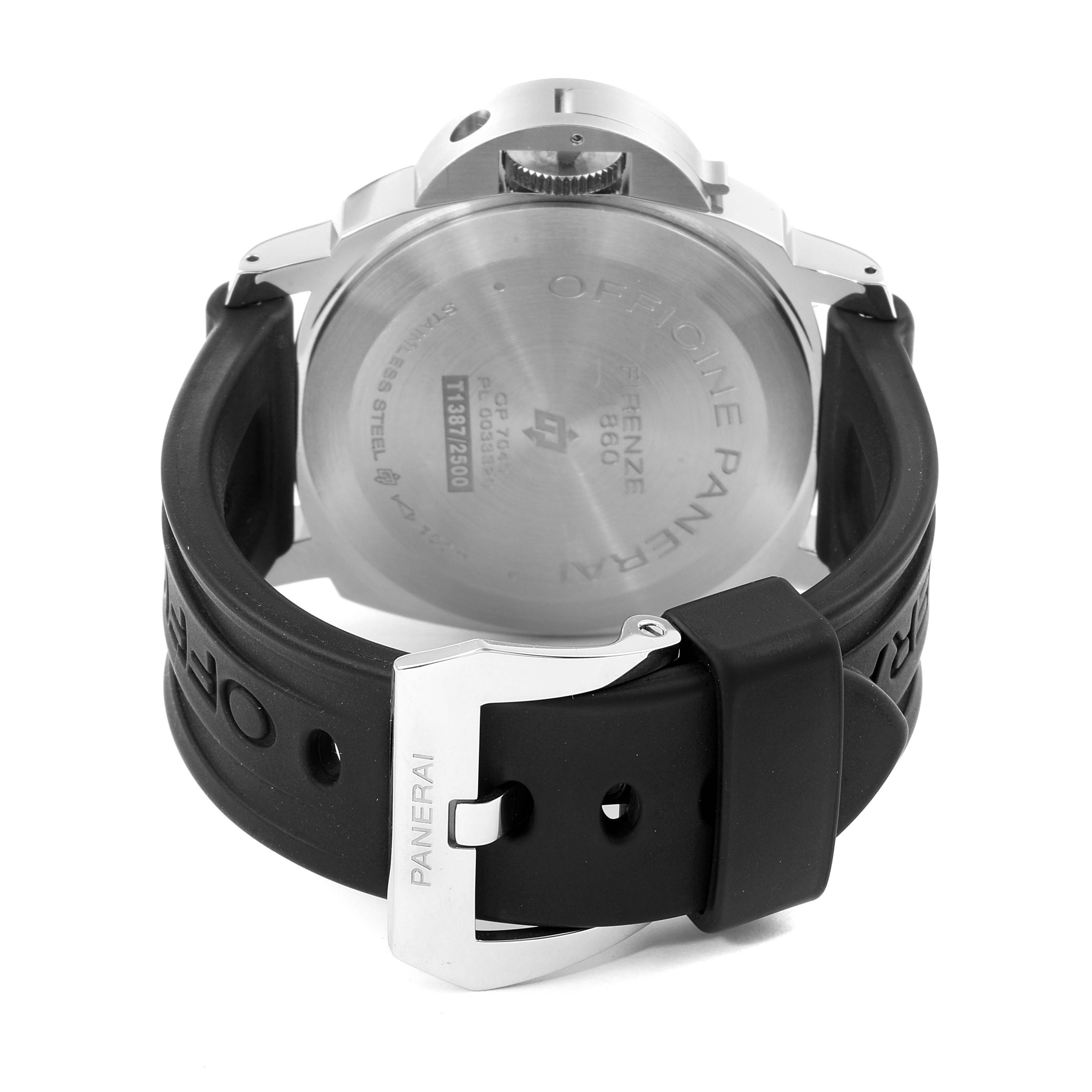 The image shows the back and clasp of a Panerai Luminor PAM00005 Men's Stainless Steel Black Dial PAM00005 Men's Stainless Steel Black Dial watch, highlighting its case back and rubber strap with a branded buckle.
