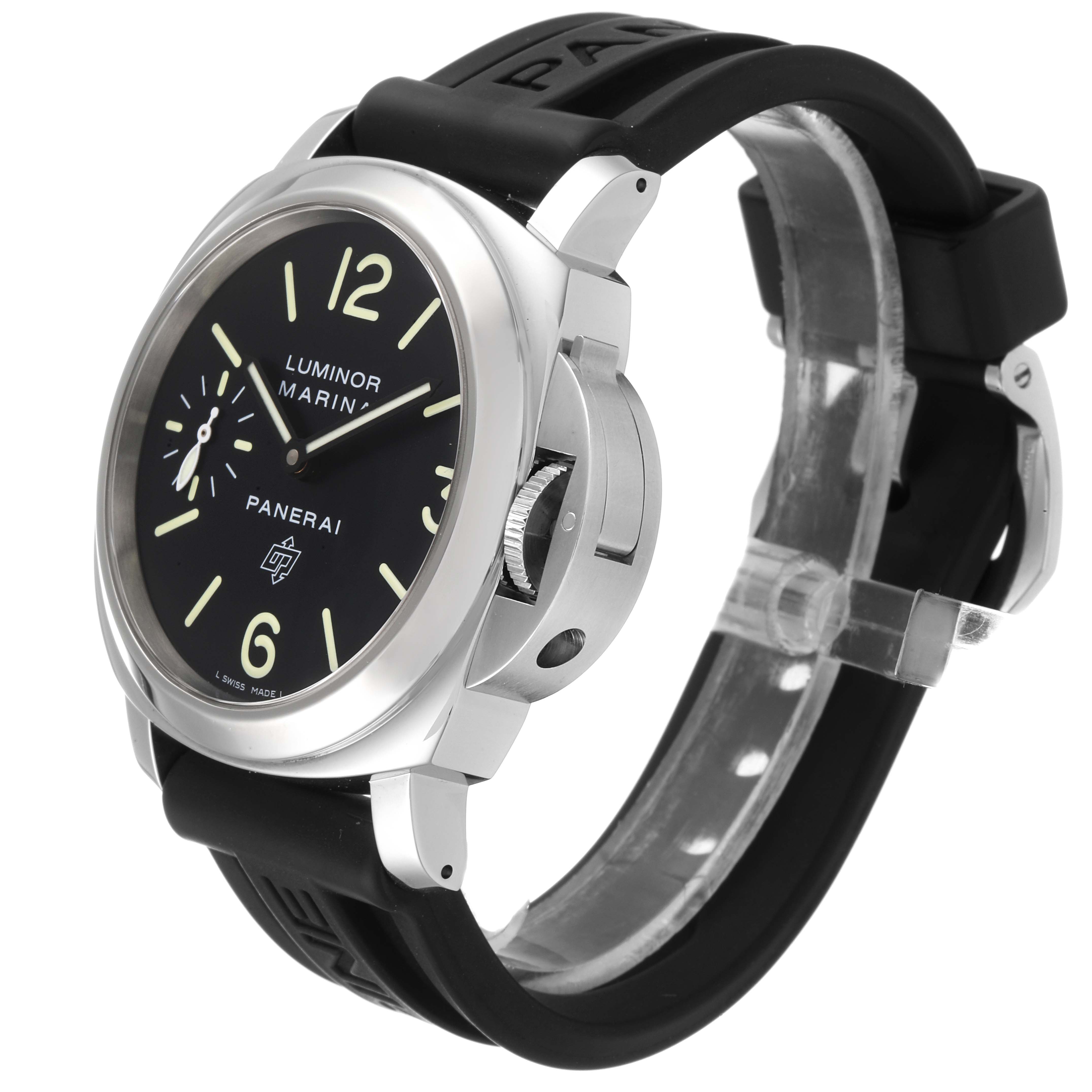 This Panerai Luminor PAM00005 Men's Stainless Steel Black Dial PAM00005 Men's Stainless Steel Black Dial watch is shown at a three-quarter angle, highlighting the face, crown, and strap.
