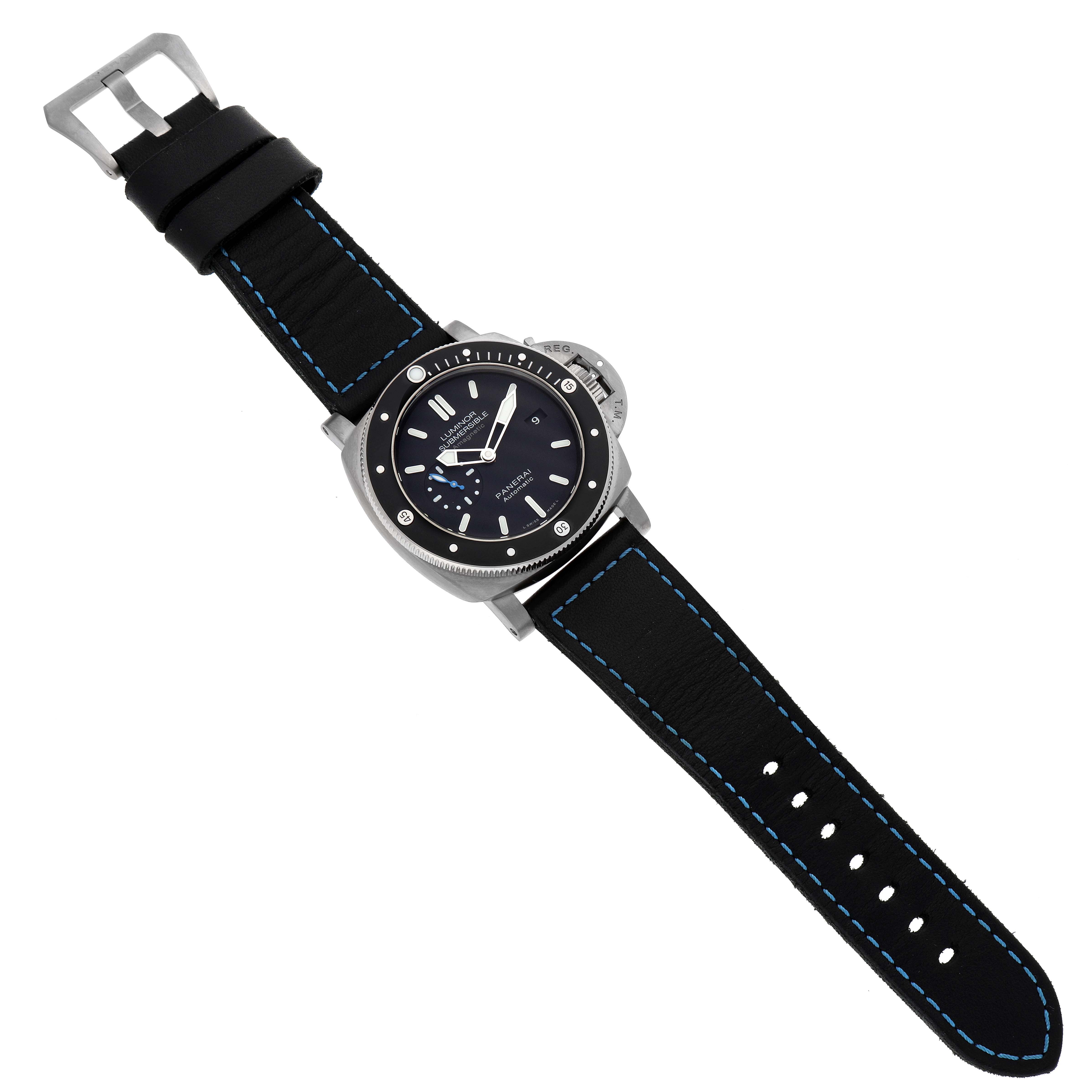 The image shows a Panerai Submersible PAM01389 Men
s Titanium Black Dial PAM01389 Men
s Titanium Black Dial watch fully extended, displaying the watch face, bezel, crown guard, and black strap with blue stitching.