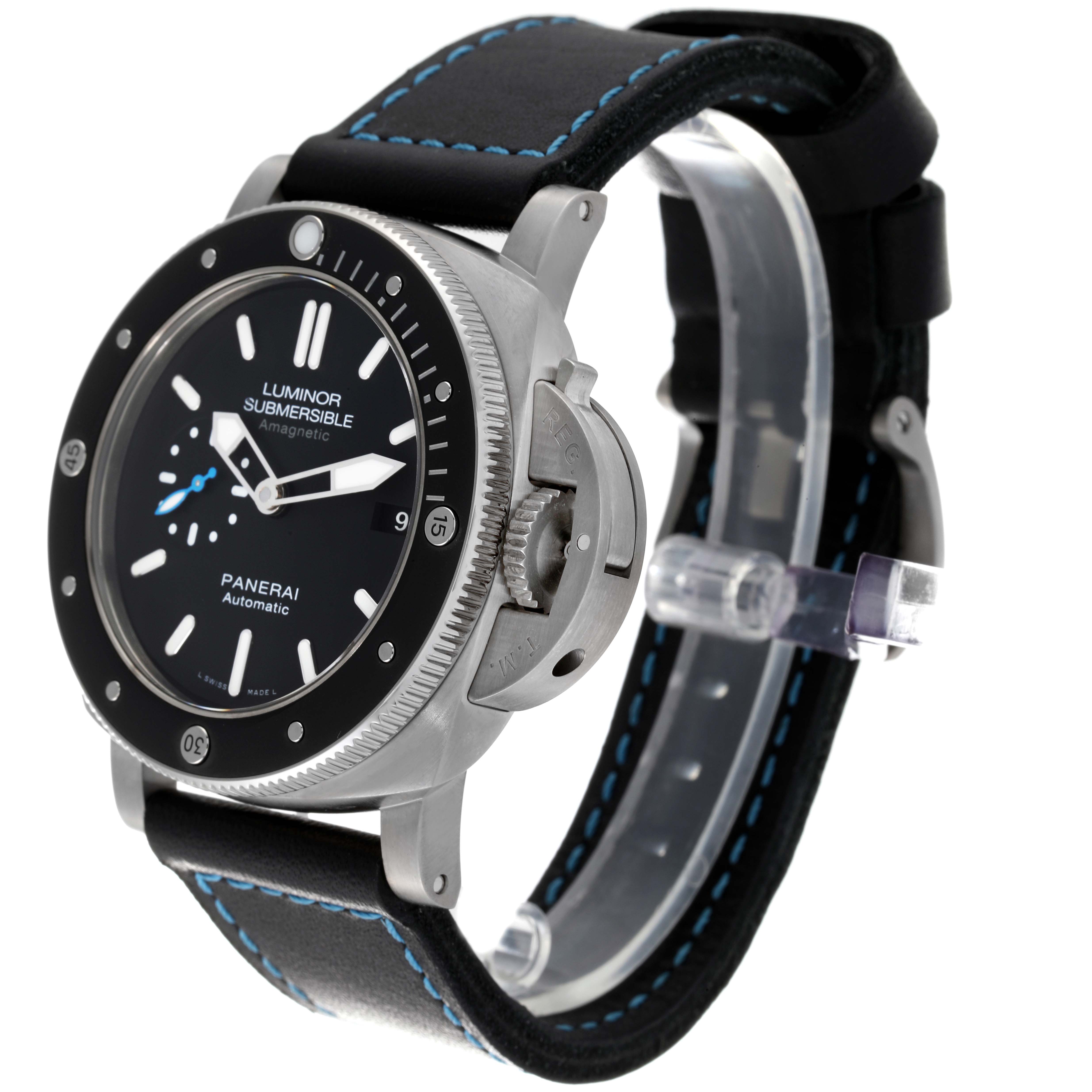 The Panerai Submersible PAM01389 Men
s Titanium Black Dial PAM01389 Men
s Titanium Black Dial watch is shown at a front-right angle, highlighting the bezel, dial, crown guard, and strap.