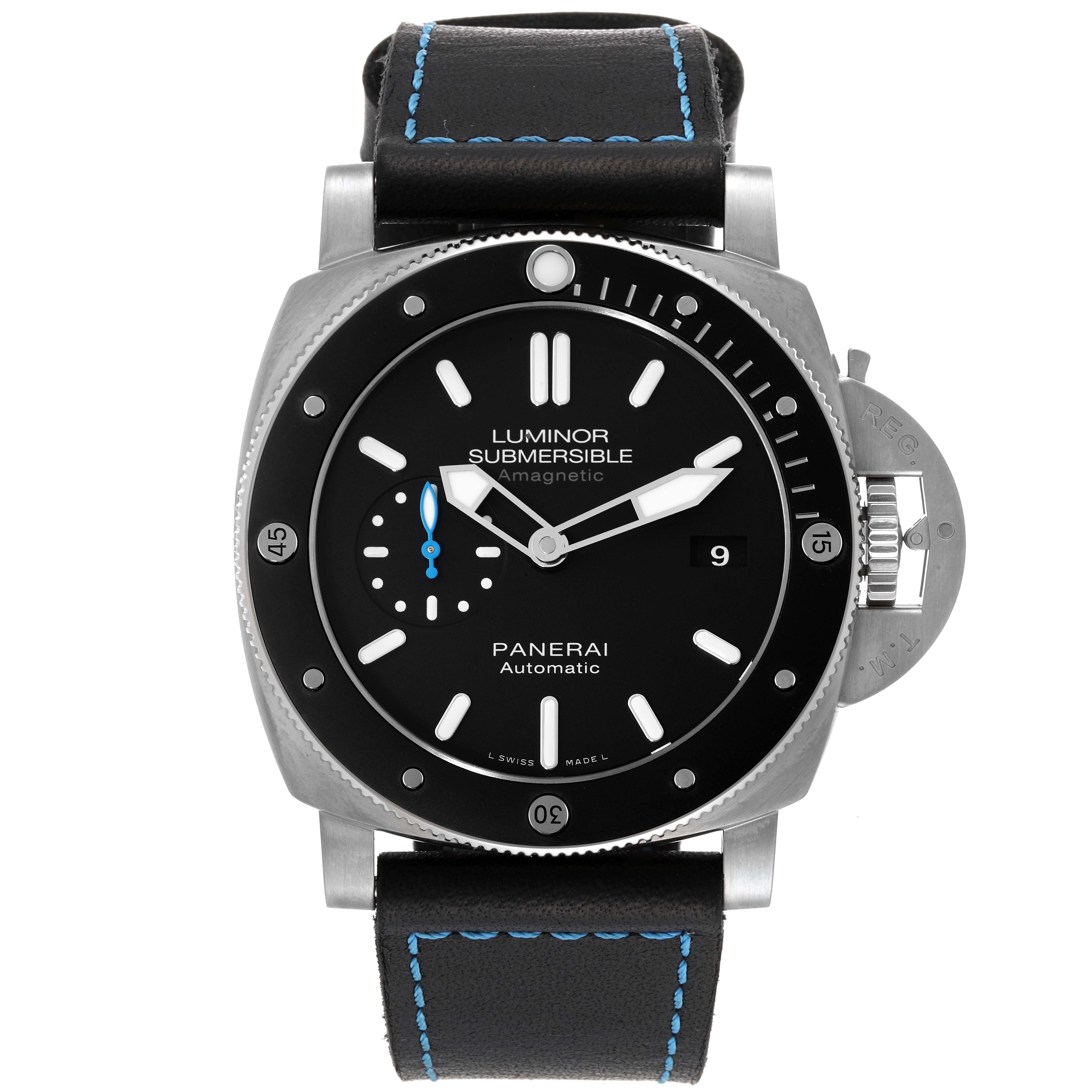 The image shows a front view of the Panerai Submersible PAM01389 Men
s Titanium Black Dial PAM01389 Men
s Titanium Black Dial Luminor watch, highlighting the dial, bezel, and crown guard.