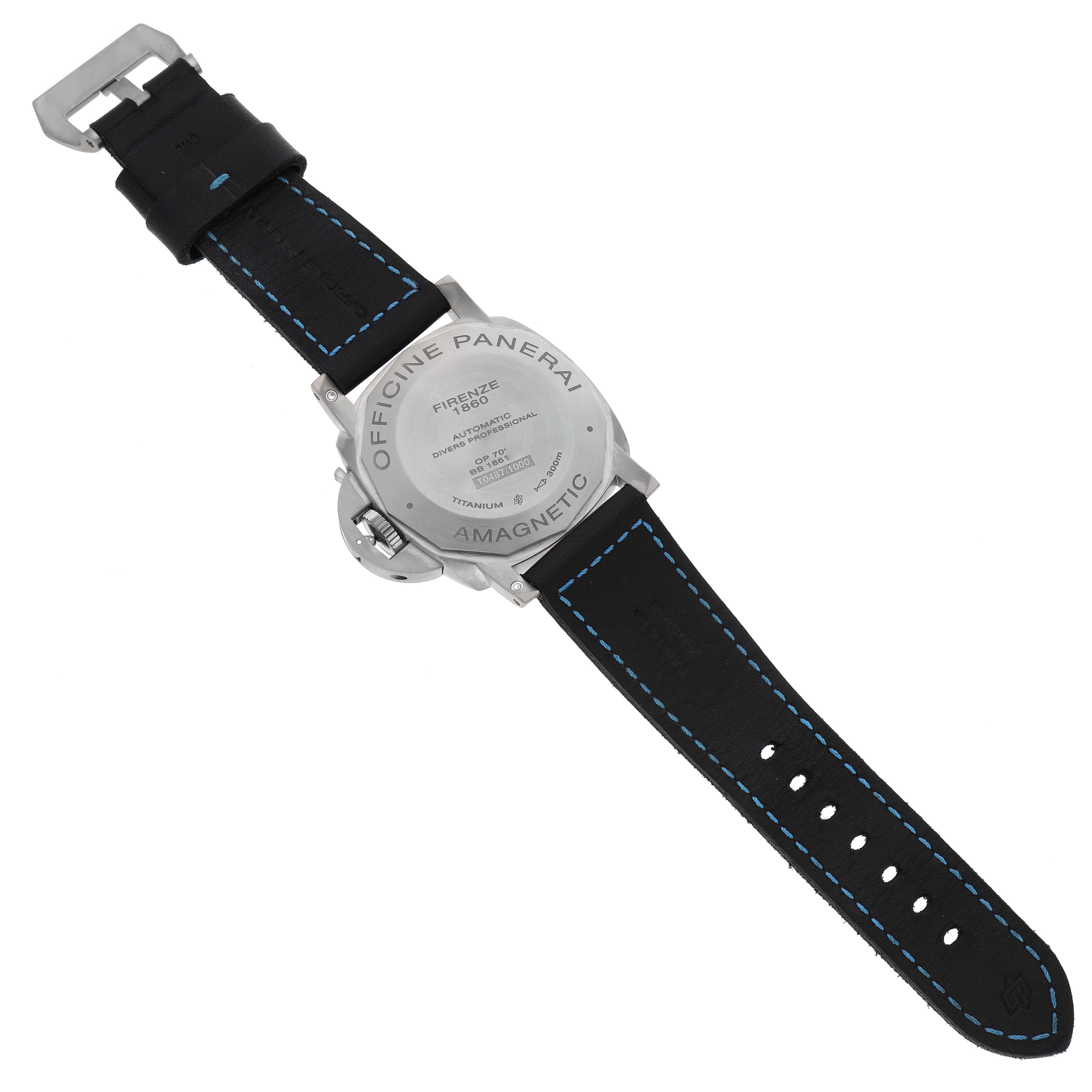 The image shows the back view of a Panerai Submersible PAM01389 Men
s Titanium Black Dial PAM01389 Men
s Titanium Black Dial watch, highlighting the case back and strap with blue stitching.