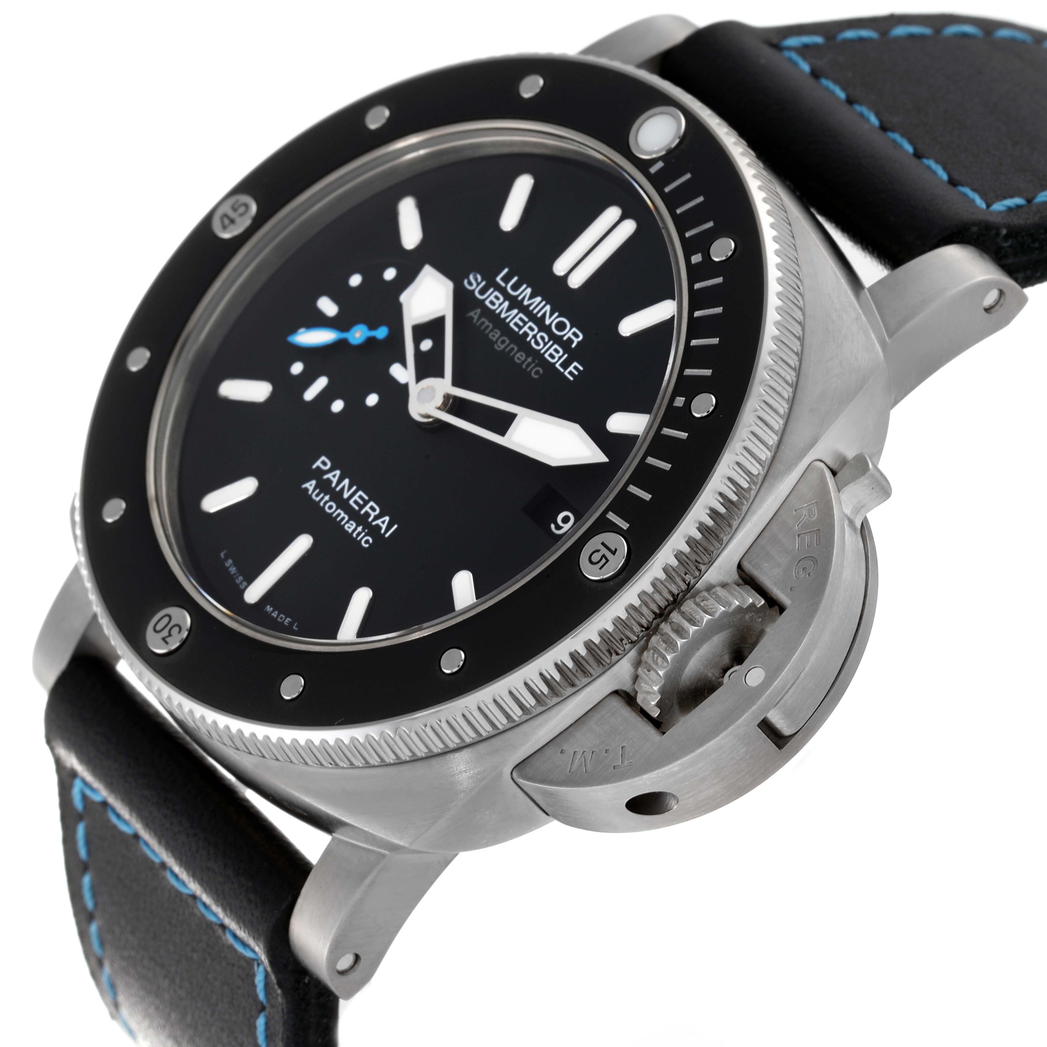 The image shows the Panerai Submersible PAM01389 Men
s Titanium Black Dial PAM01389 Men
s Titanium Black Dial watch at an angled close-up, highlighting the dial, bezel, crown guard, and strap.