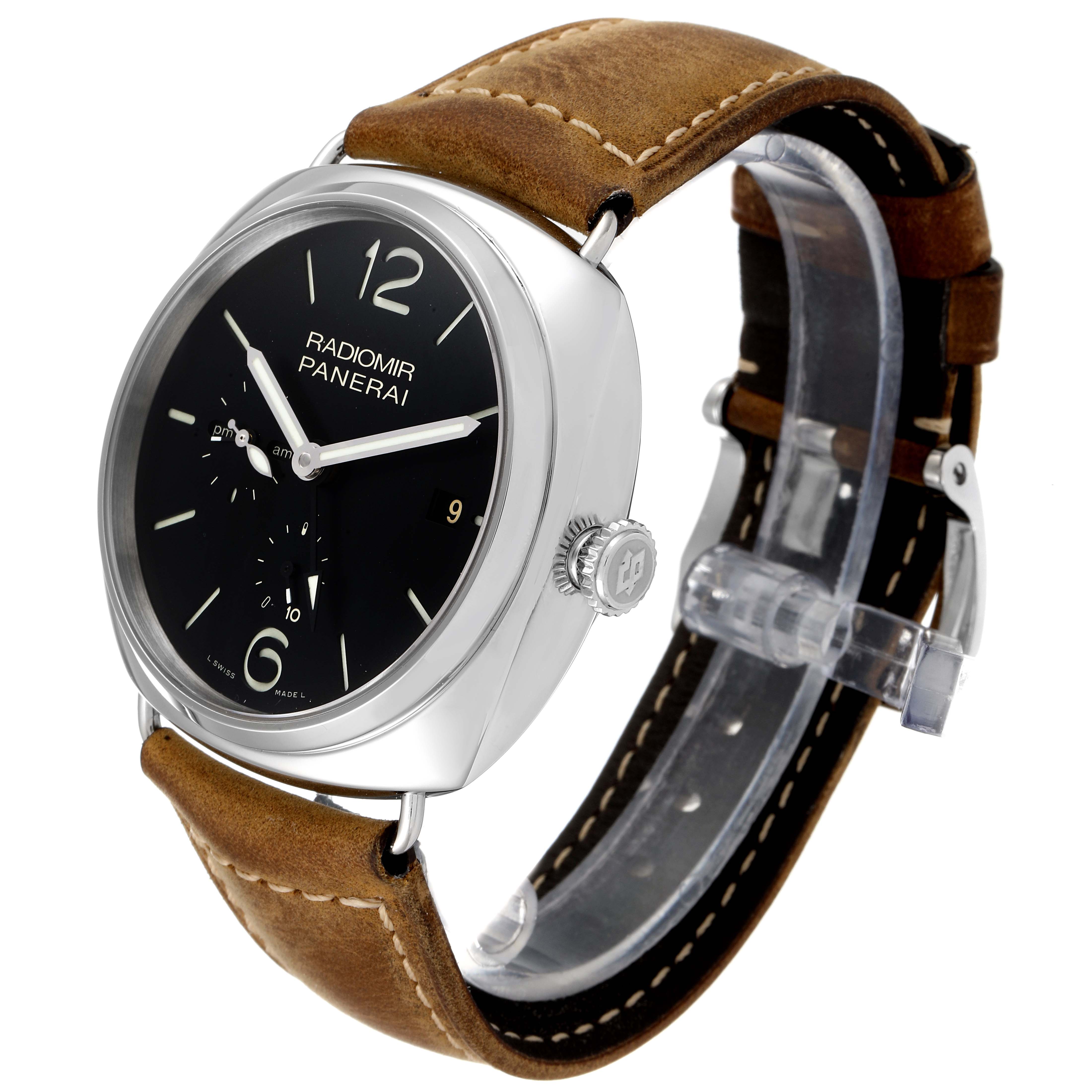 The Panerai Radiomir PAM00323 Men's Stainless Steel Black Dial PAM00323 Men's Stainless Steel Black Dial watch is shown from a front-left angle, highlighting its black dial, crown, and brown leather strap.