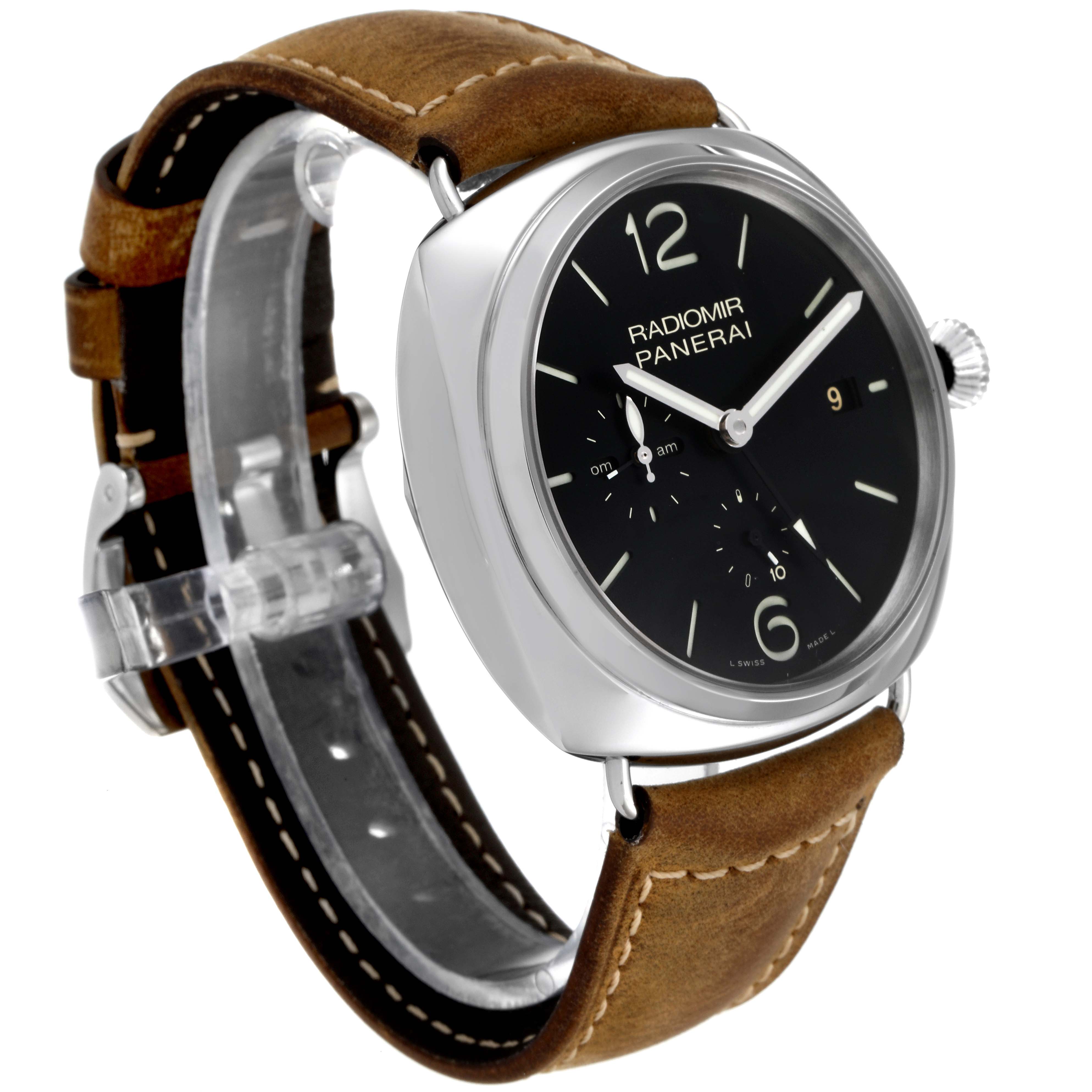 The image shows a Panerai Radiomir PAM00323 Men's Stainless Steel Black Dial PAM00323 Men's Stainless Steel Black Dial watch at a slight angle, highlighting its brown leather strap, black dial, and silver case with the crown.