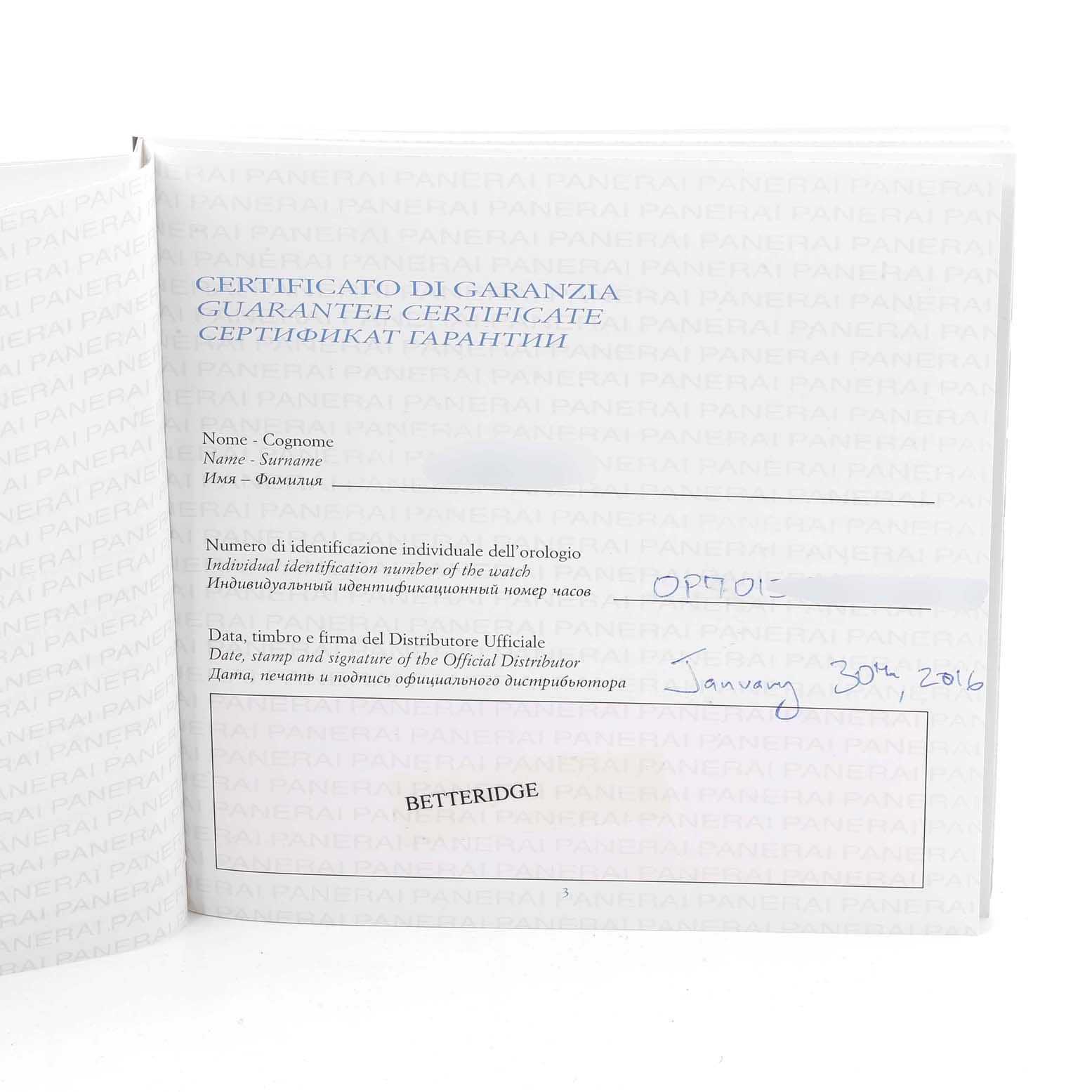 The image shows a guarantee certificate for the Panerai Radiomir PAM00323 Men's Stainless Steel Black Dial PAM00323 Men's Stainless Steel Black Dial watch, dated January 30th, 2016.