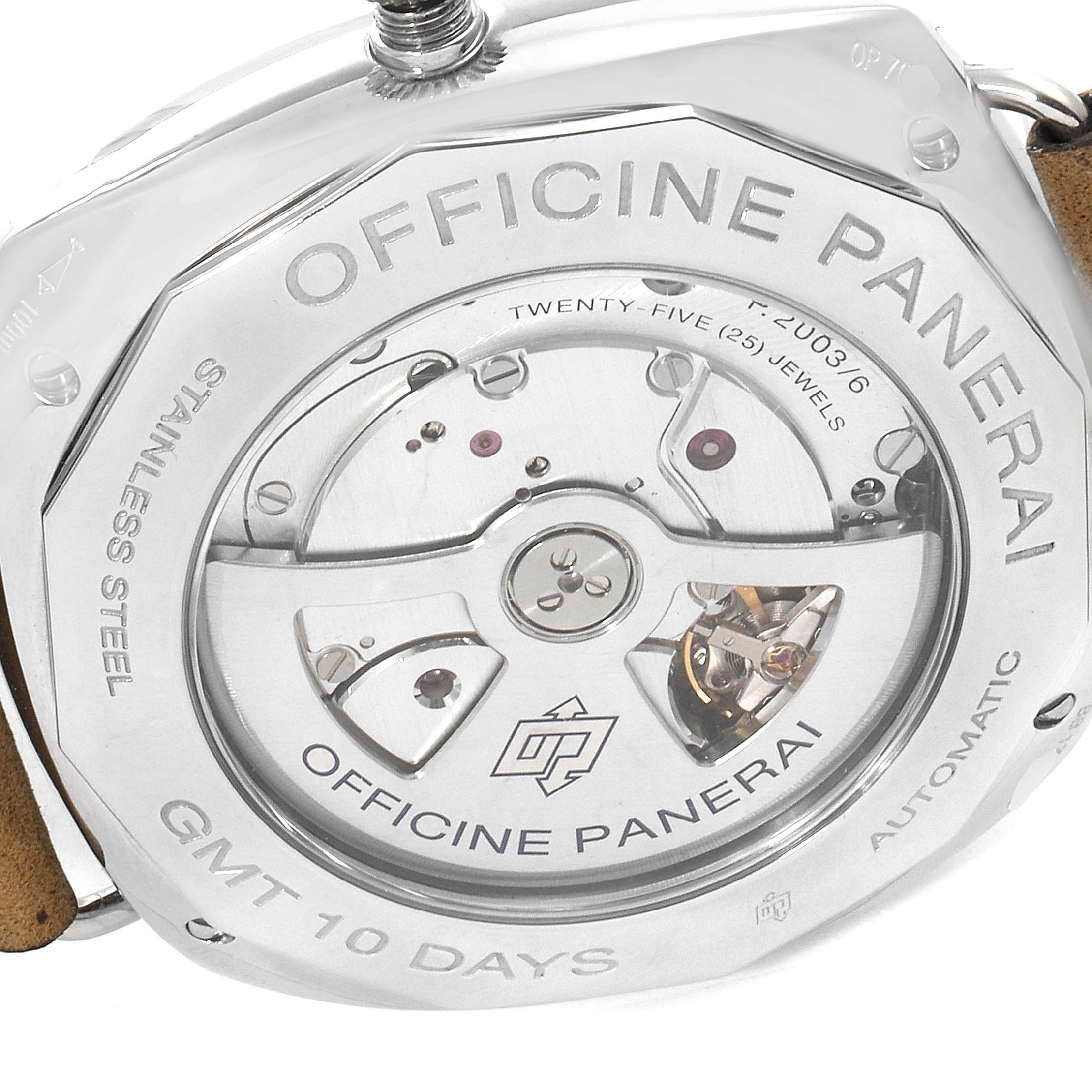 This image shows the back case of the Panerai Radiomir PAM00323 Men's Stainless Steel Black Dial PAM00323 Men's Stainless Steel Black Dial watch, highlighting its internal mechanical movement and engravings.