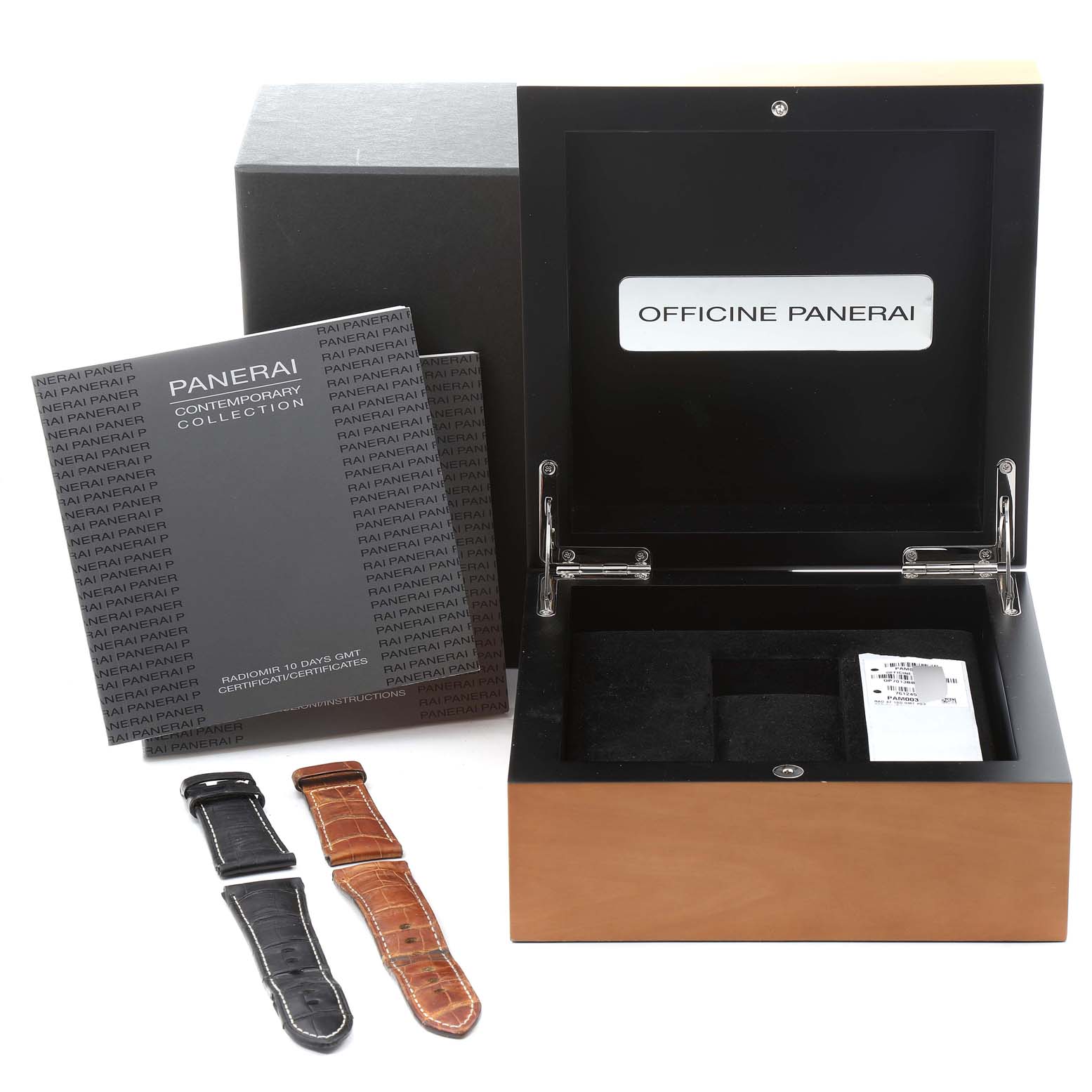 This image shows an open Panerai Radiomir PAM00323 Men's Stainless Steel Black Dial PAM00323 Men's Stainless Steel Black Dial watch box, two straps, and accompanying documentation.