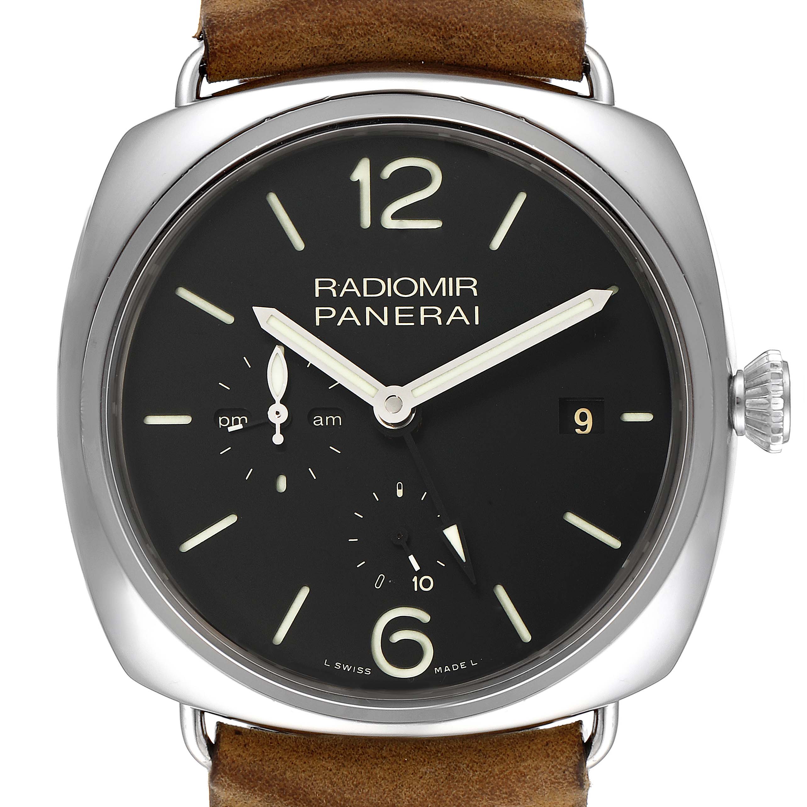 The image shows a front view of the Panerai Radiomir PAM00323 Men's Stainless Steel Black Dial PAM00323 Men's Stainless Steel Black Dial watch, highlighting its dial, hands, and crown.