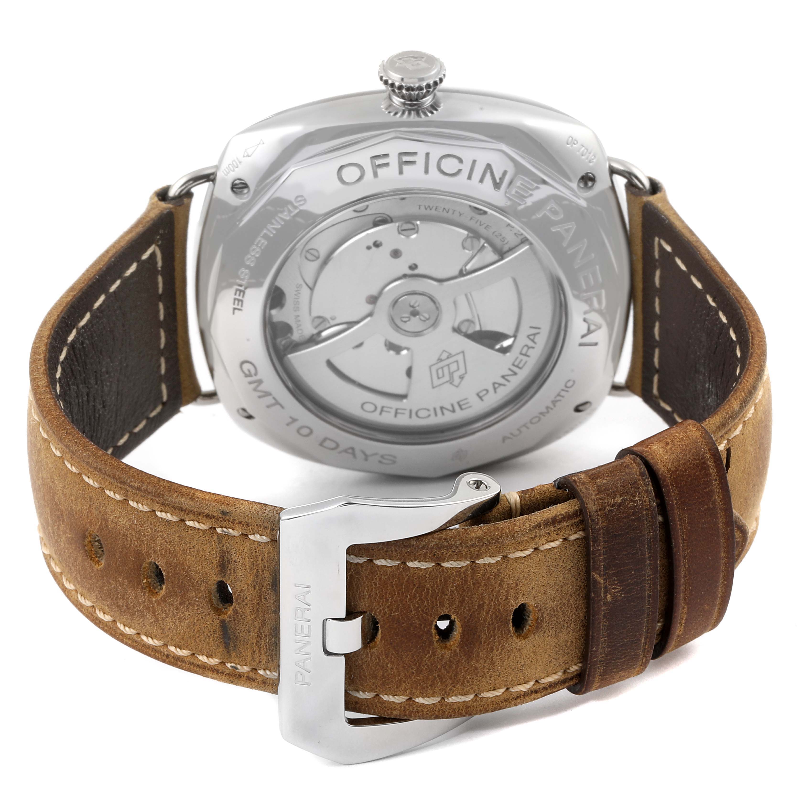 This image shows the back view of the Panerai Radiomir PAM00323 Men's Stainless Steel Black Dial PAM00323 Men's Stainless Steel Black Dial watch, highlighting its movement and leather strap.