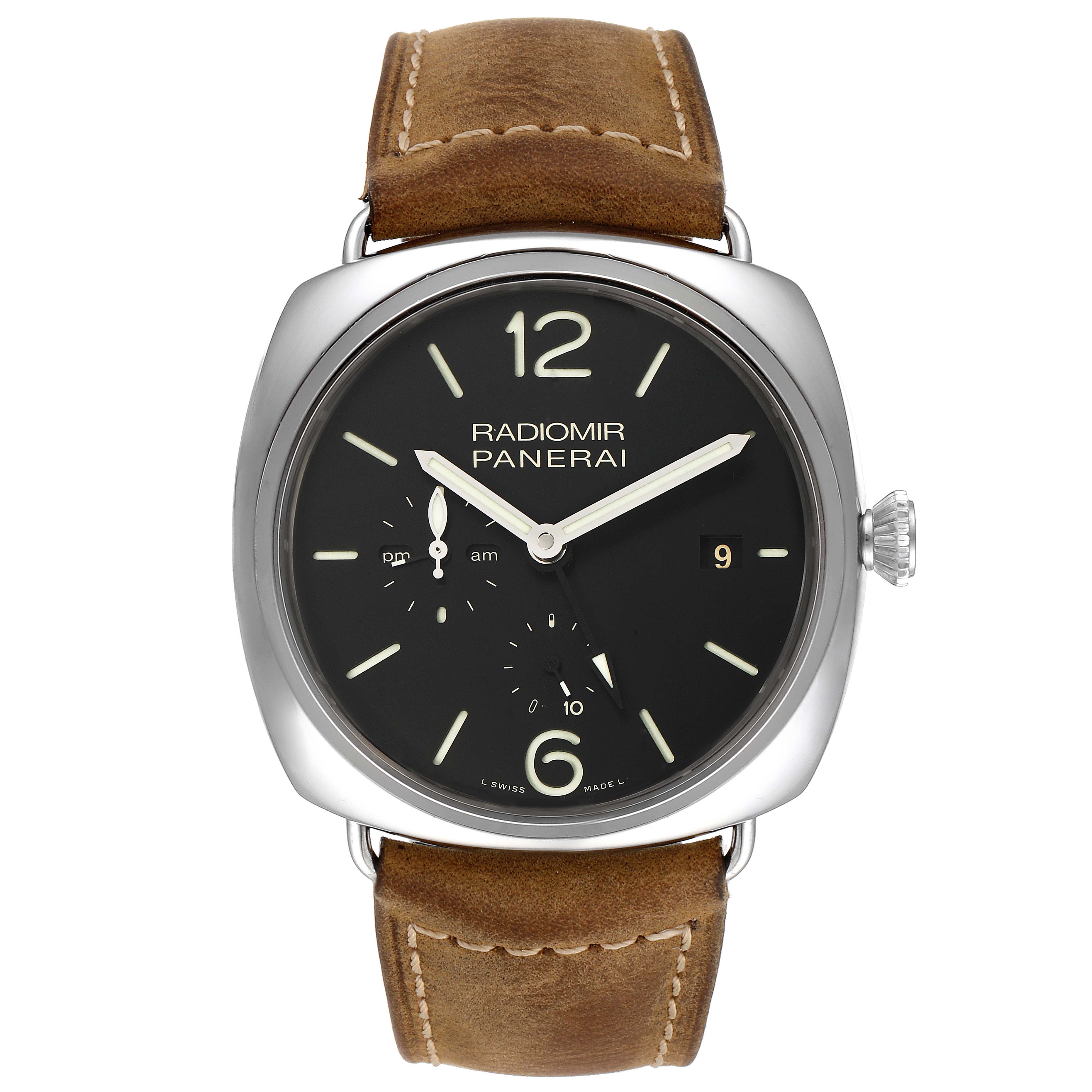 The image shows a front view of a Panerai Radiomir PAM00323 Men's Stainless Steel Black Dial PAM00323 Men's Stainless Steel Black Dial watch, displaying its face, dial, and brown leather strap.