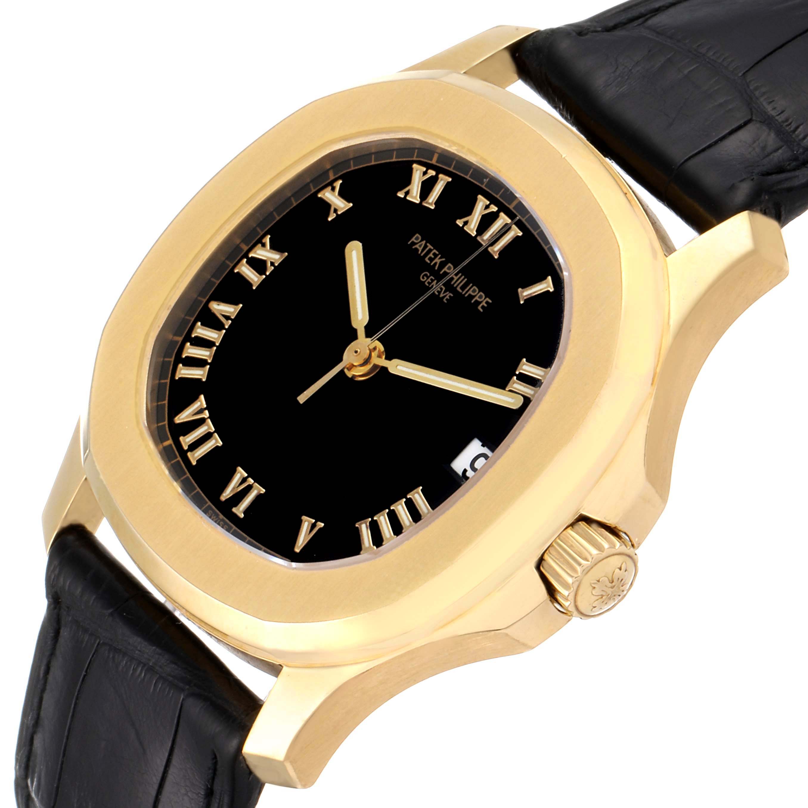The image shows a Patek Philippe Aquanaut 5060J Men's Yellow Gold Black Dial 5060J Men's Yellow Gold Black Dial watch from an angled perspective, highlighting the gold case, black dial, and leather strap.