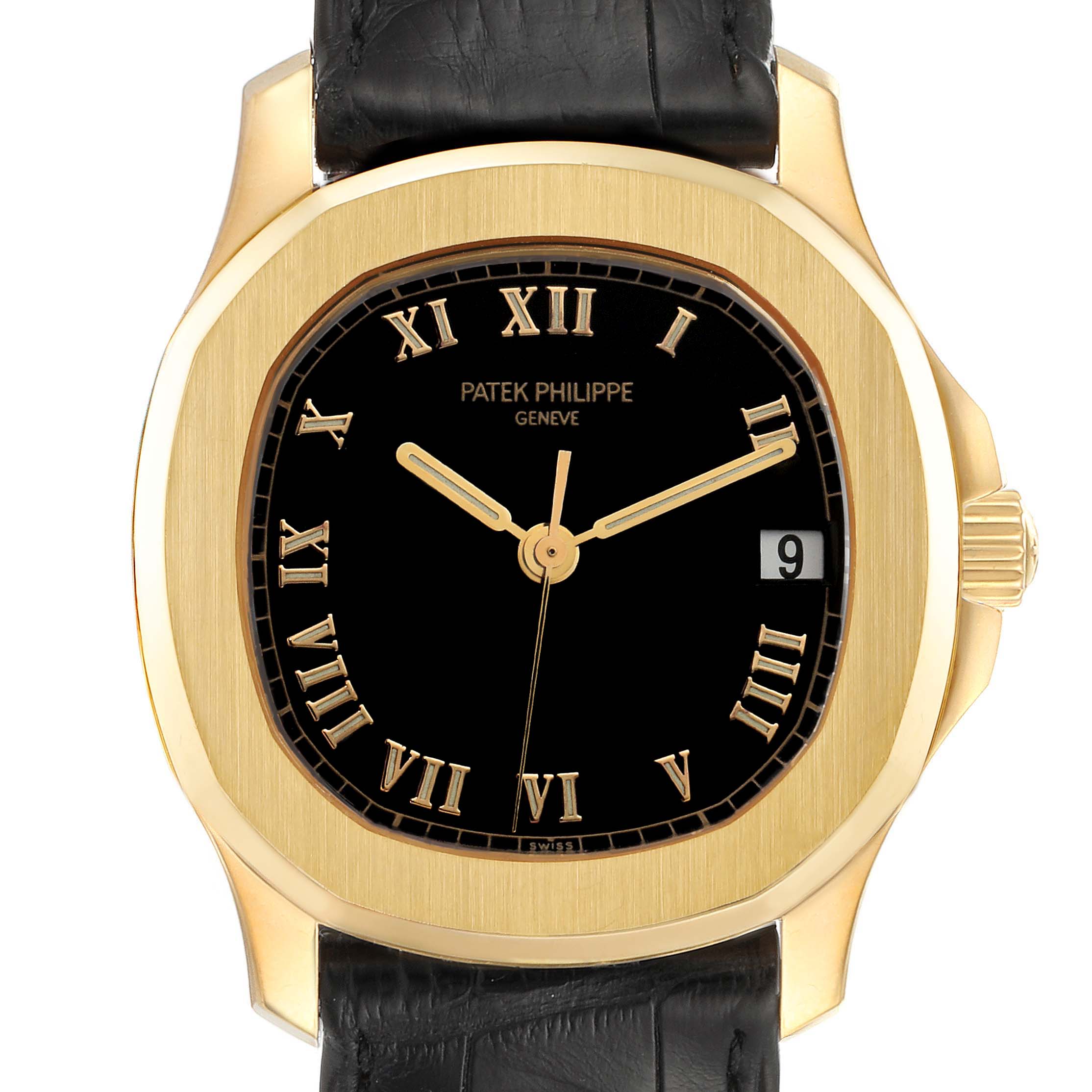 The image shows a front view of a Patek Philippe Aquanaut 5060J Men's Yellow Gold Black Dial 5060J Men's Yellow Gold Black Dial watch focusing on the dial, case, and part of the strap.