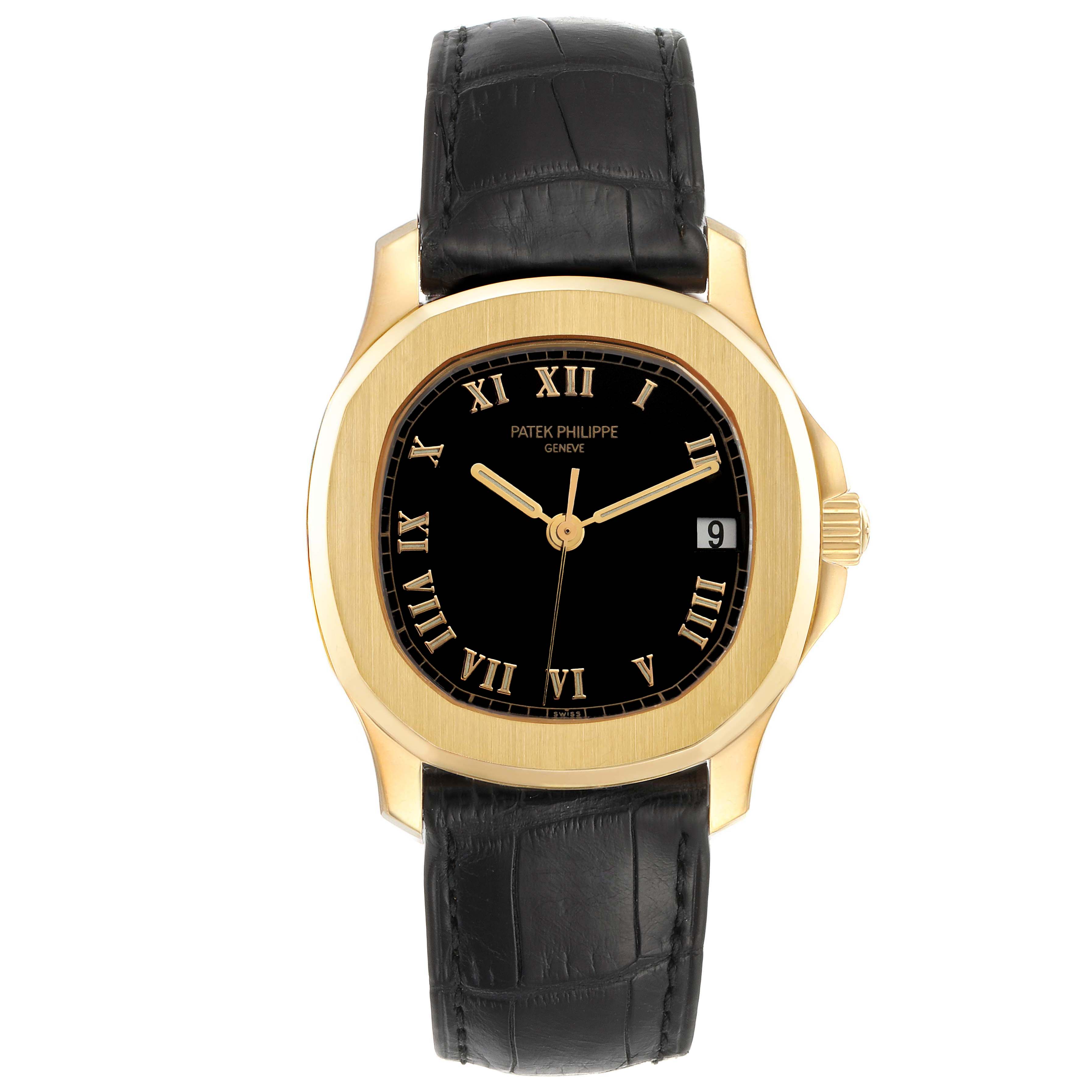 The image shows a front view of a Patek Philippe Aquanaut 5060J Men's Yellow Gold Black Dial 5060J Men's Yellow Gold Black Dial watch, displaying both the watch face and black leather strap.
