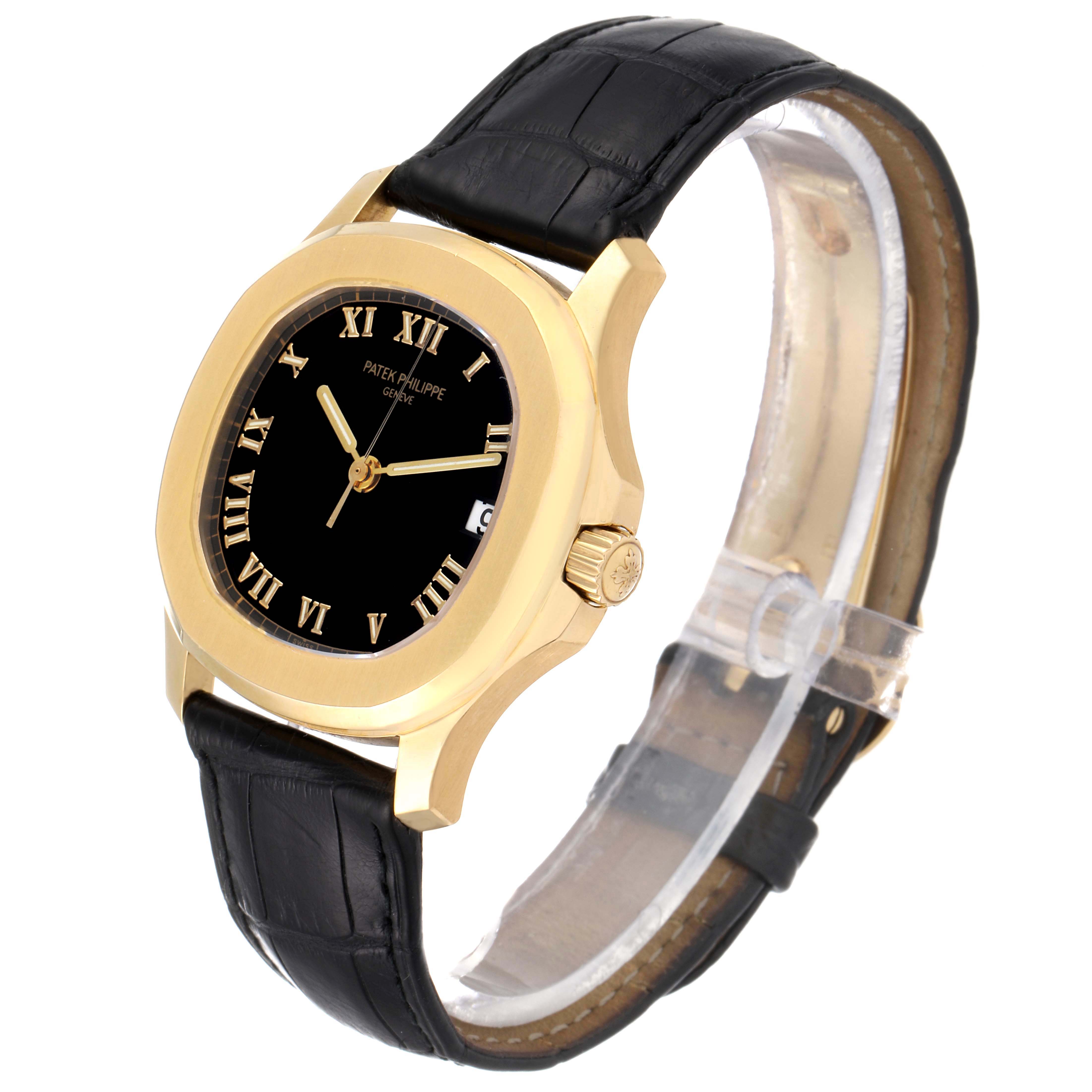 The Aquanaut model by Patek Philippe is shown at a slight side angle, displaying the case, dial, hands, crown, and strap.