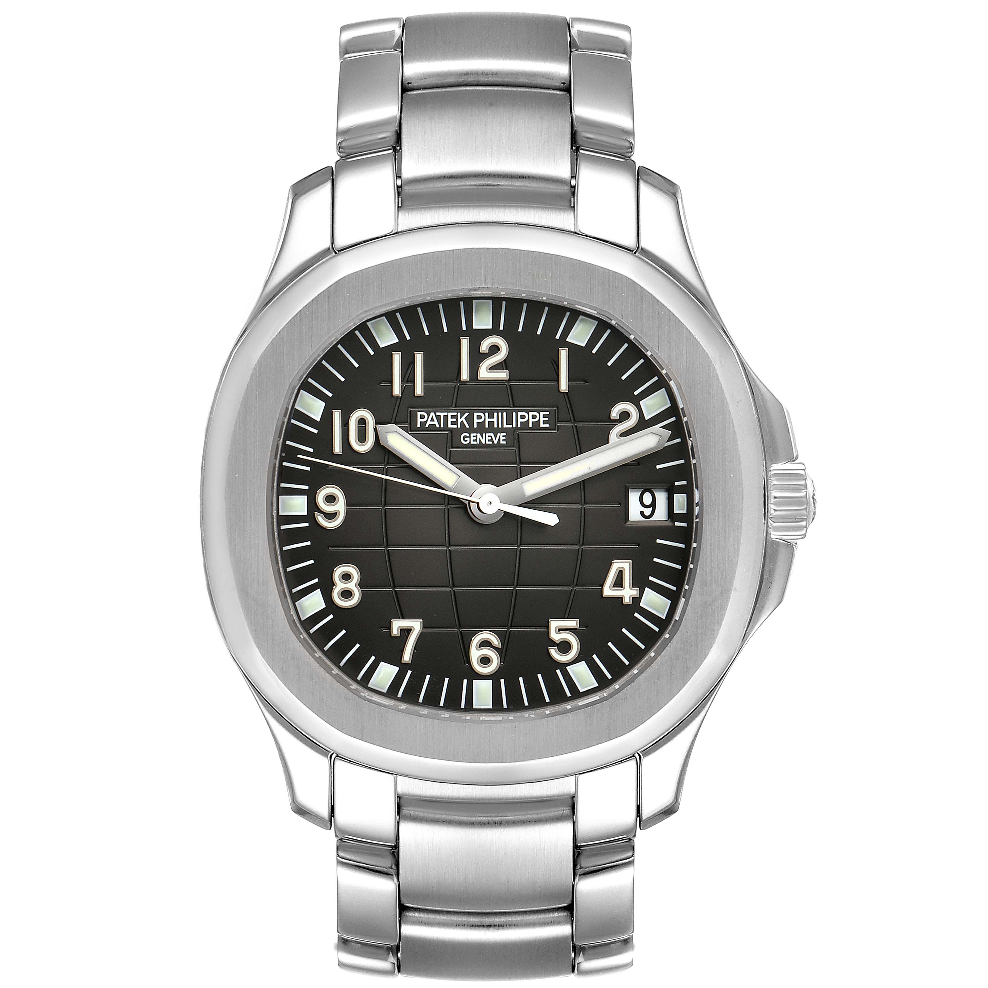 This image shows a front view of the Patek Philippe Aquanaut 5167/1A Men's Stainless Steel Black Dial 5167/1A Men's Stainless Steel Black Dial watch, displaying the dial, case, and bracelet.