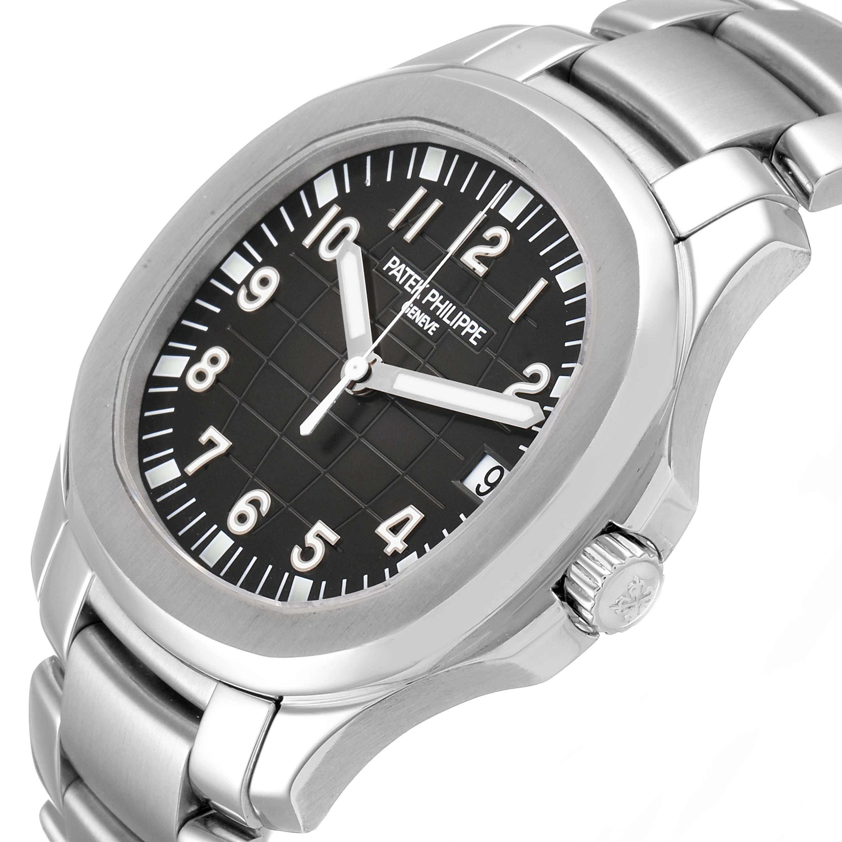 The image shows a Patek Philippe Aquanaut 5167/1A Men's Stainless Steel Black Dial 5167/1A Men's Stainless Steel Black Dial watch from an angled view, displaying its dial, hands, crown, and bracelet.