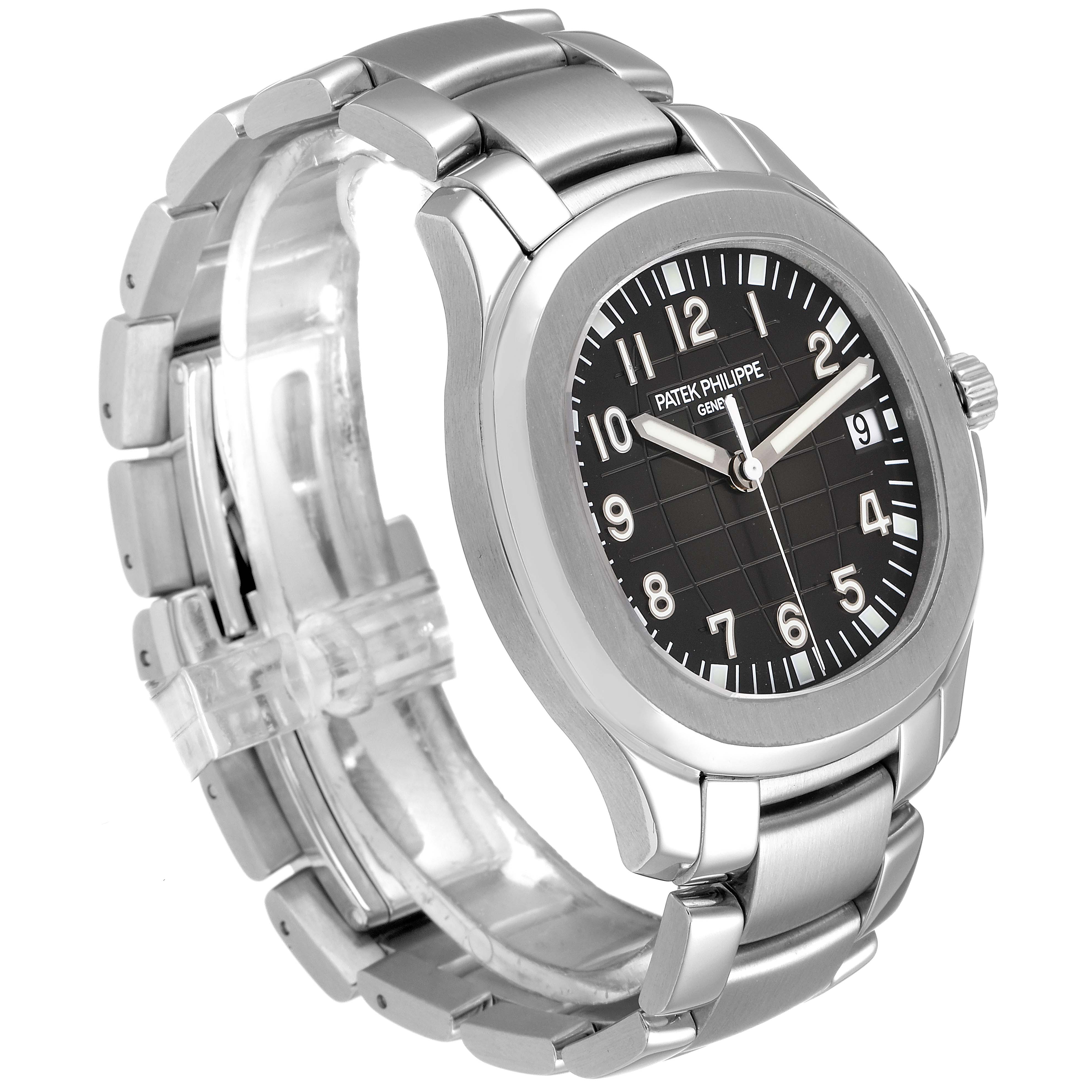 The Patek Philippe Aquanaut 5167/1A Men's Stainless Steel Black Dial 5167/1A Men's Stainless Steel Black Dial watch is shown at a slight angle highlighting its face, stainless steel case, and bracelet.