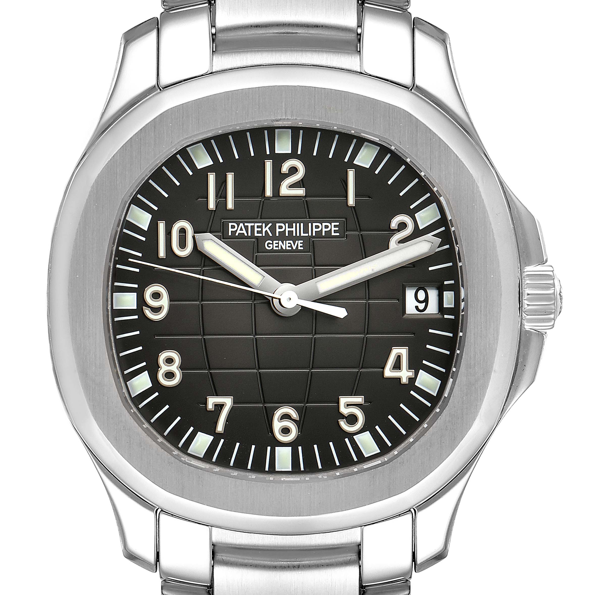 This image shows the front view of a Patek Philippe Aquanaut 5167/1A Men's Stainless Steel Black Dial 5167/1A Men's Stainless Steel Black Dial watch, displaying the dial, hands, date window, and part of the bracelet.