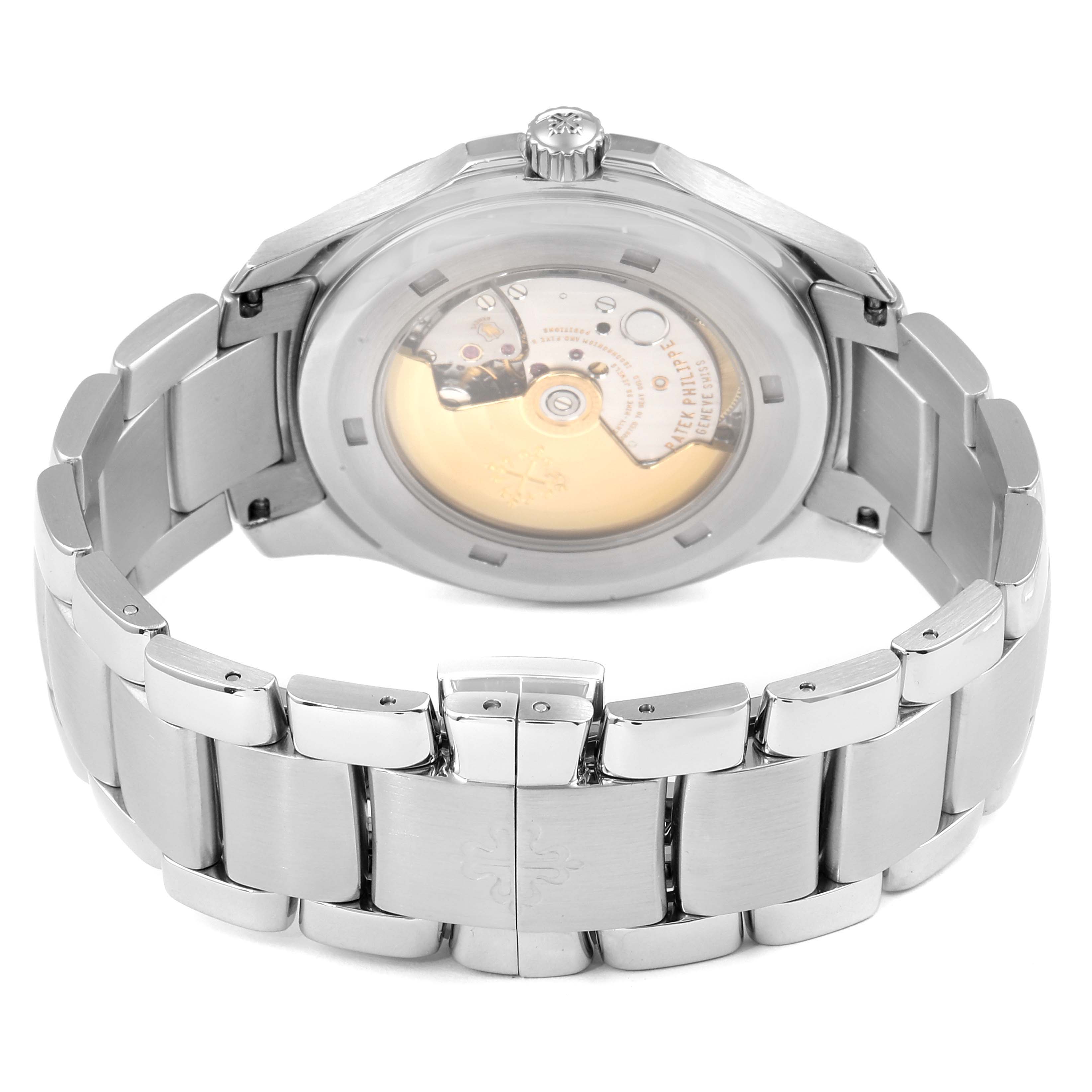 The image shows the back view of a Patek Philippe Aquanaut 5167/1A Men's Stainless Steel Black Dial 5167/1A Men's Stainless Steel Black Dial watch, featuring its case back and metal bracelet.