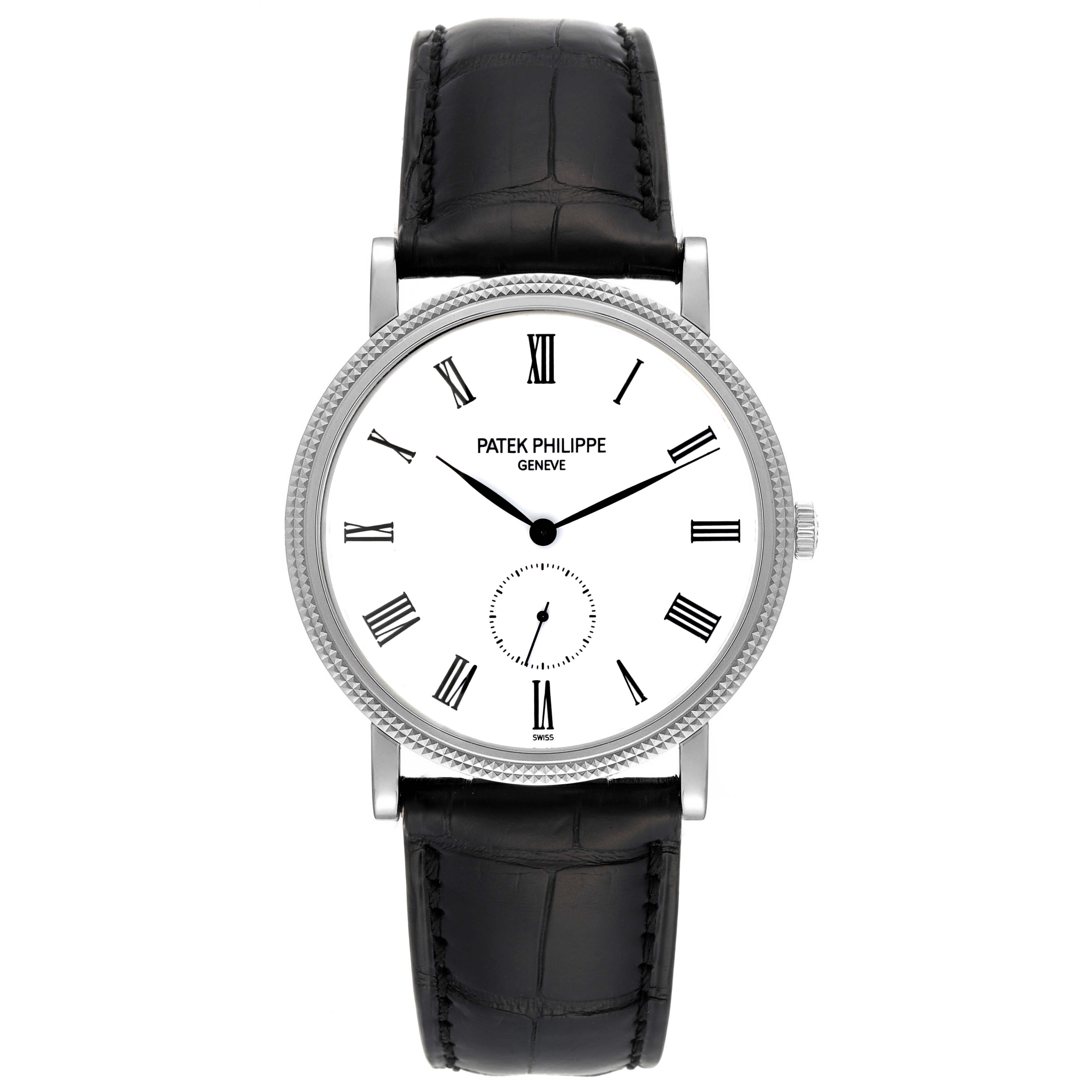 This image shows a front view of a Patek Philippe Calatrava 5119G Men
s White Gold White Dial 5119G Men
s White Gold White Dial watch, displaying its face and black leather strap.