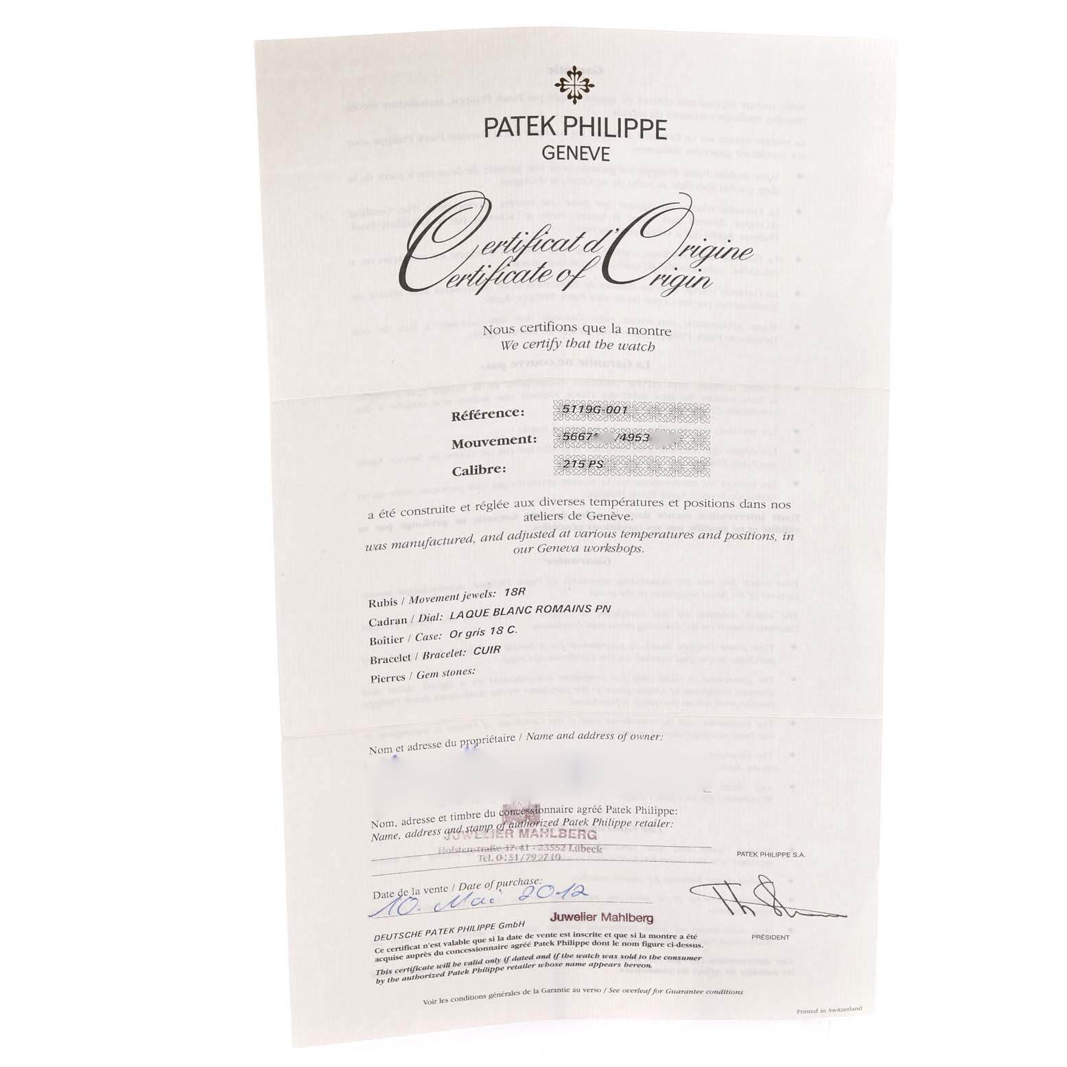 The image shows a Certificate of Origin for a Patek Philippe Calatrava 5119G Men
s White Gold White Dial 5119G Men
s White Gold White Dial watch.