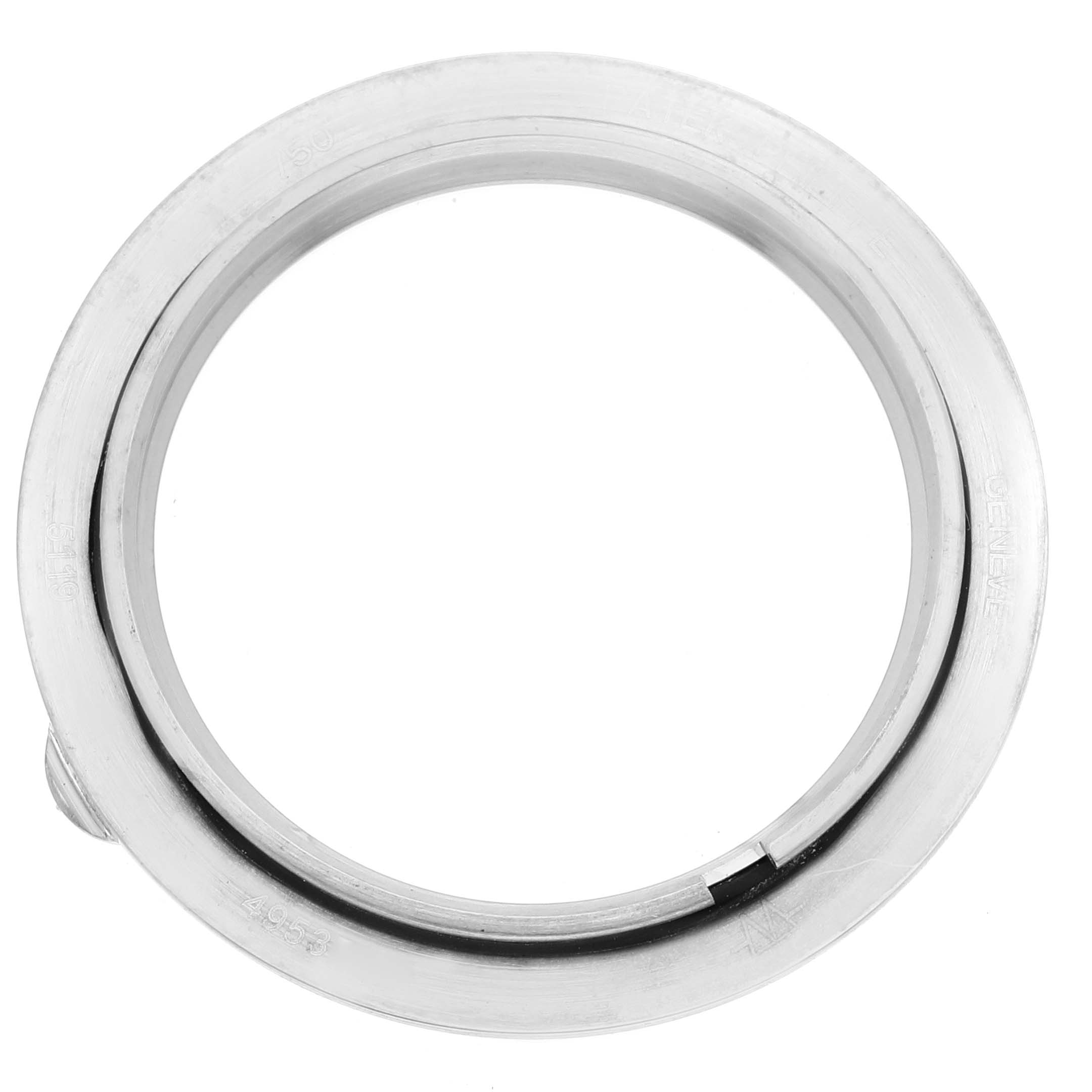 This is a top-down view of the stainless steel case bezel for a Patek Philippe Calatrava 5119G Men
s White Gold White Dial 5119G Men
s White Gold White Dial watch.