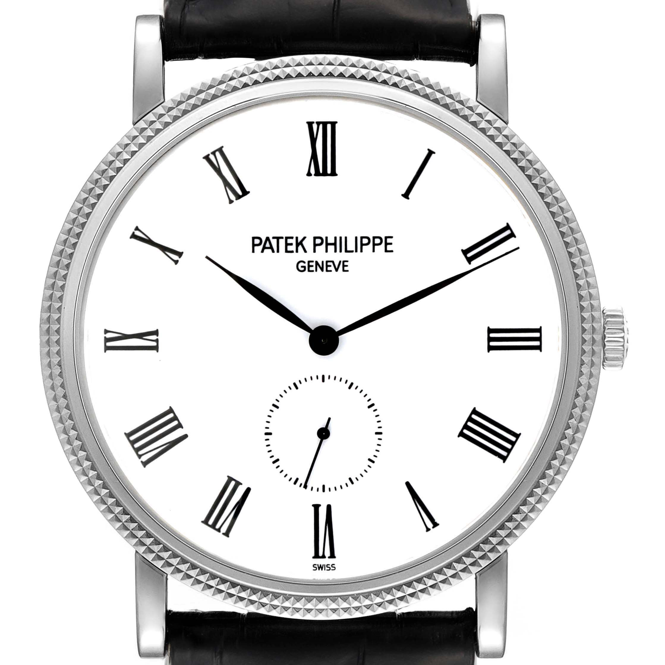 The image shows a front view of the Patek Philippe Calatrava 5119G Men
s White Gold White Dial 5119G Men
s White Gold White Dial watch, featuring a white dial and black Roman numerals.