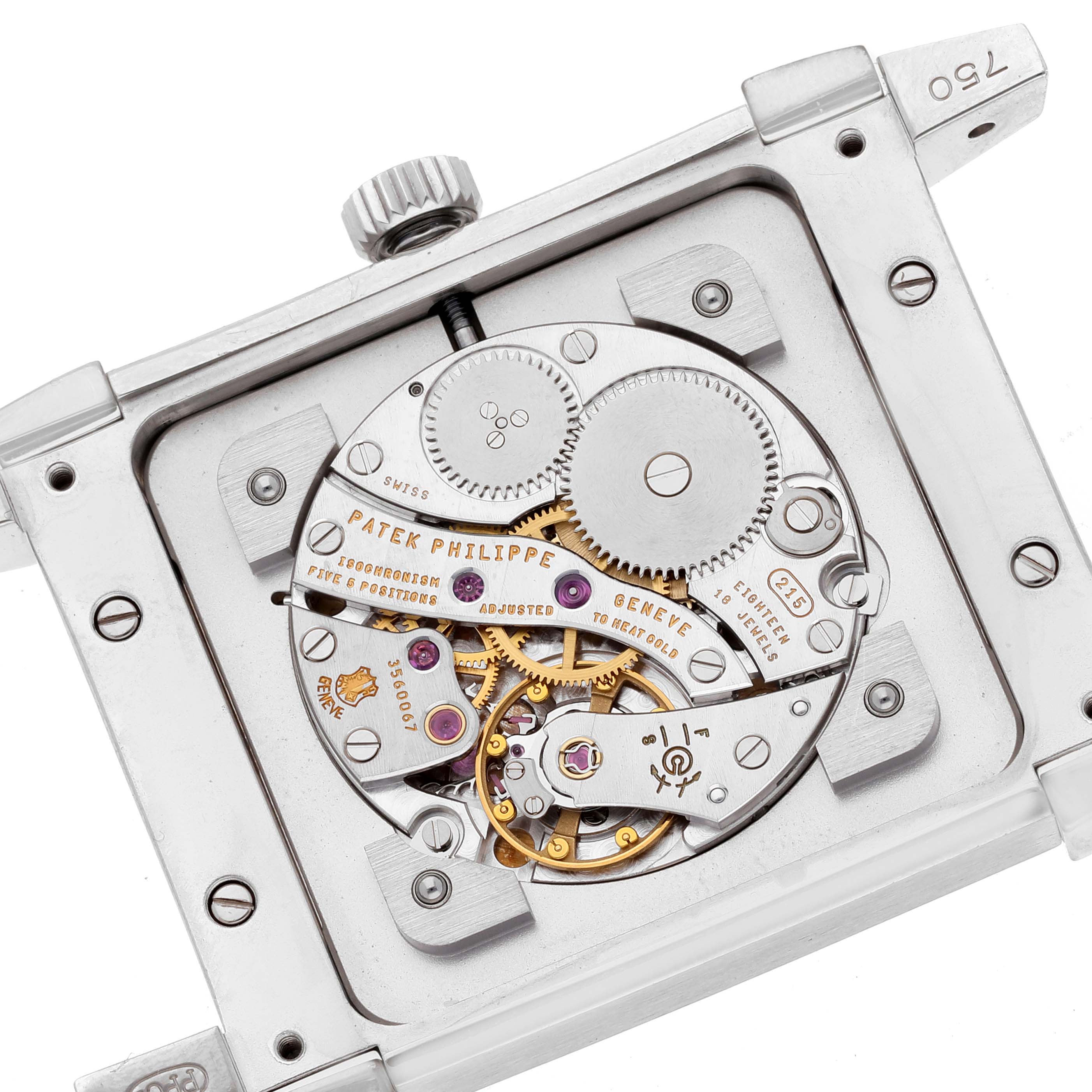 The image shows the internal mechanical components of a Patek Philippe Gondolo 5111G Men
s White Gold Silver Dial 5111G Men
s White Gold Silver Dial watch, viewed from the back.