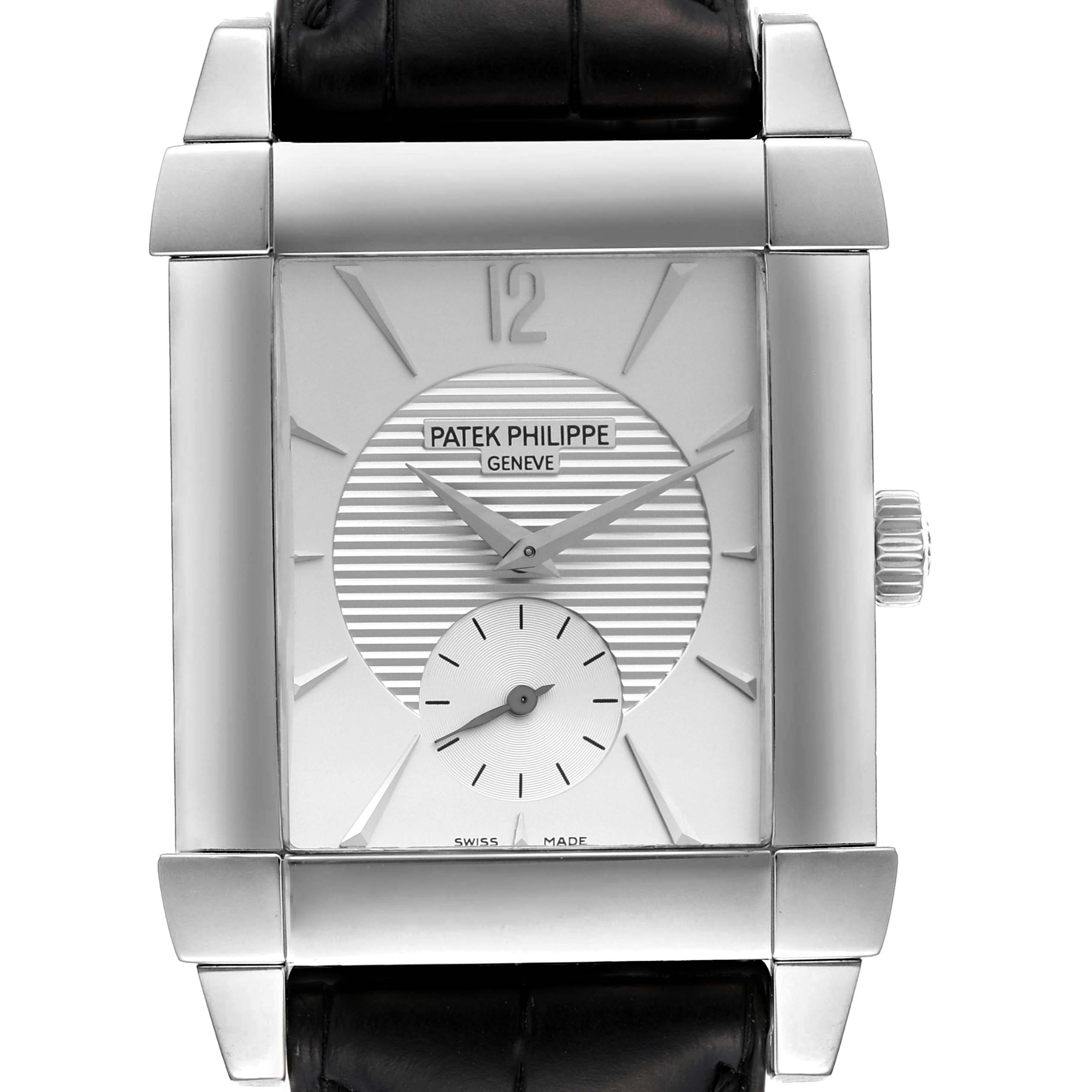 The image shows the front view of the Patek Philippe Gondolo 5111G Men
s White Gold Silver Dial 5111G Men
s White Gold Silver Dial watch, displaying its rectangular face, hands, and strap parts.