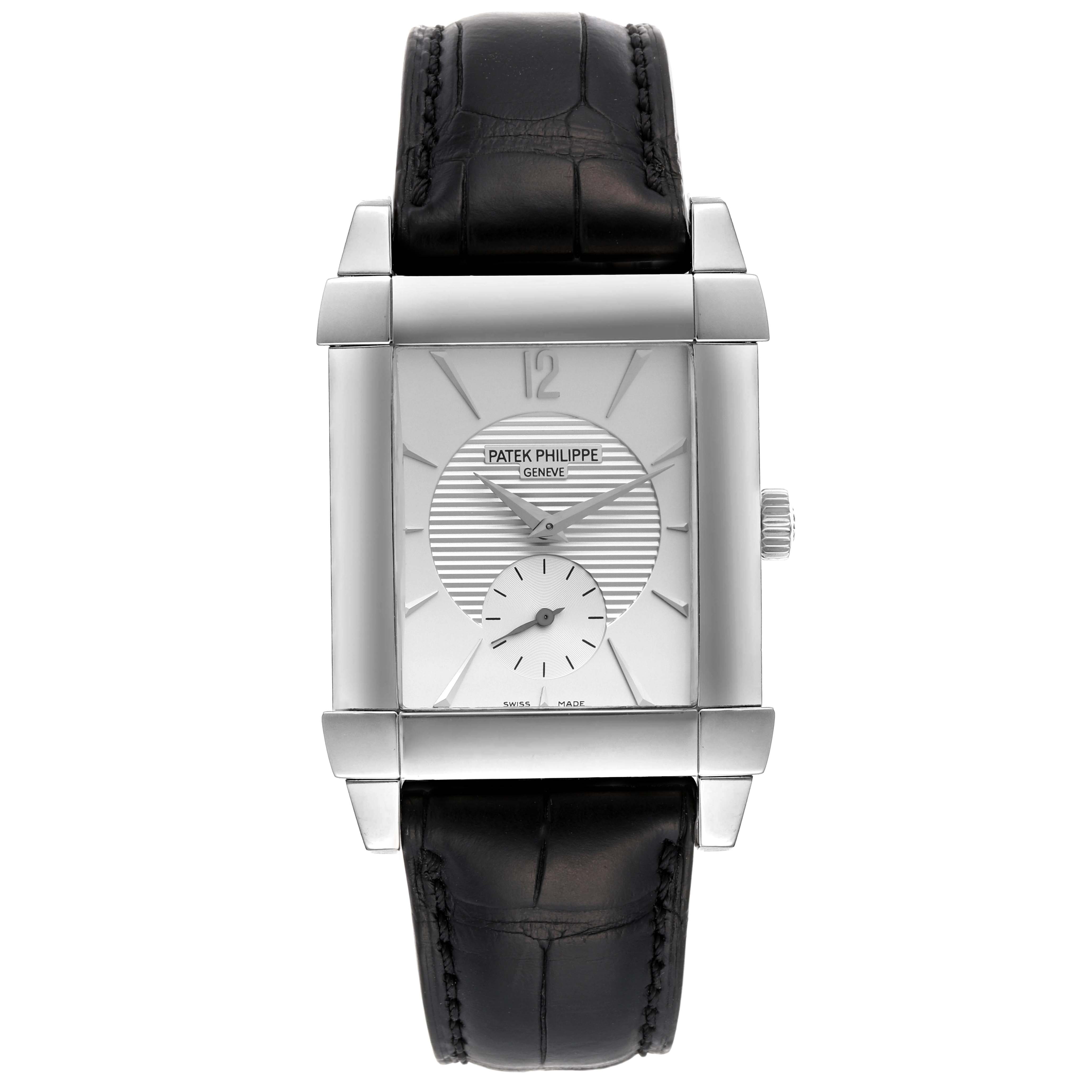 This image shows the front view of a Patek Philippe Gondolo 5111G Men
s White Gold Silver Dial 5111G Men
s White Gold Silver Dial watch, highlighting the dial, case, and leather strap.