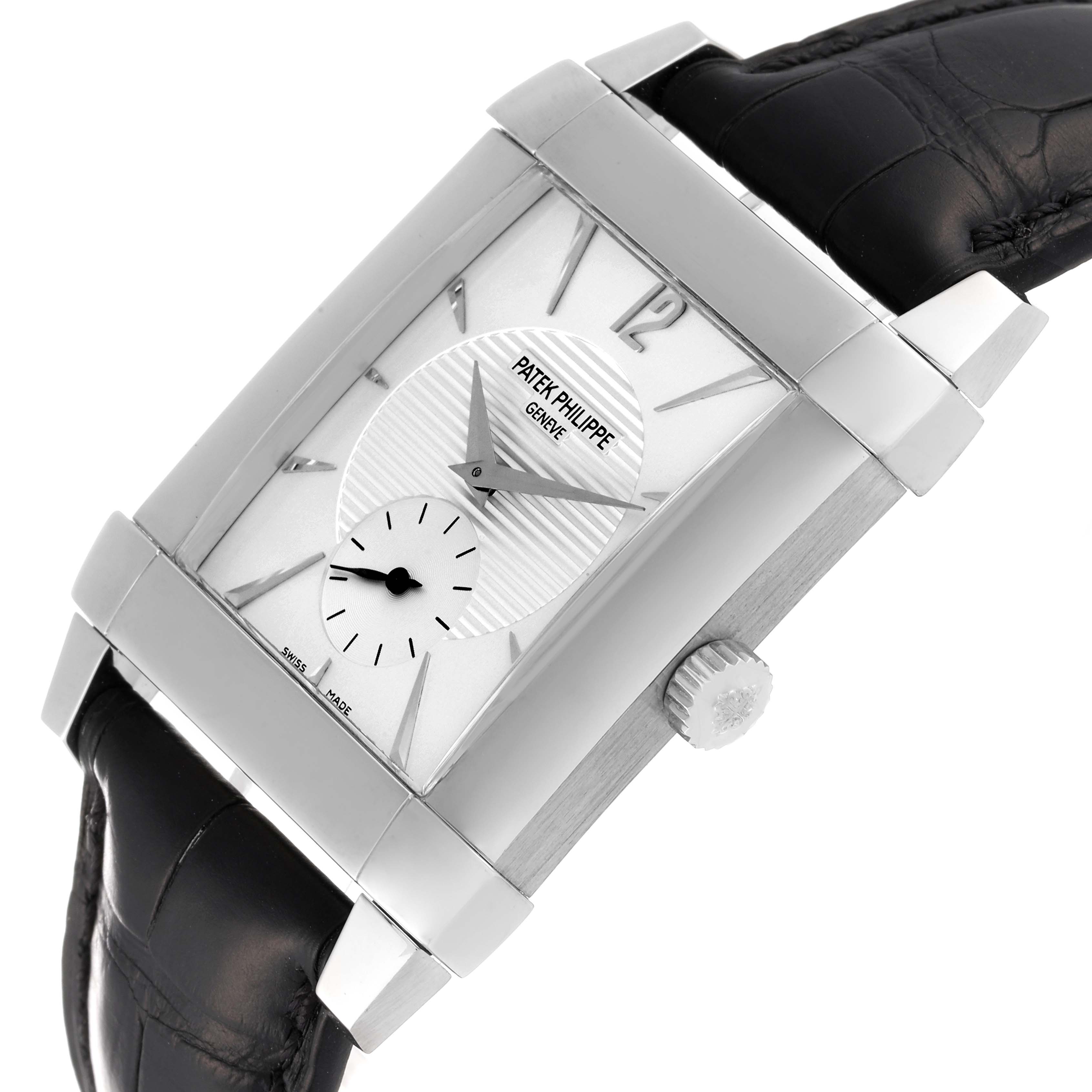 The image shows a Patek Philippe Gondolo 5111G Men
s White Gold Silver Dial 5111G Men
s White Gold Silver Dial watch angled to display its face, crown, and part of the black leather strap.